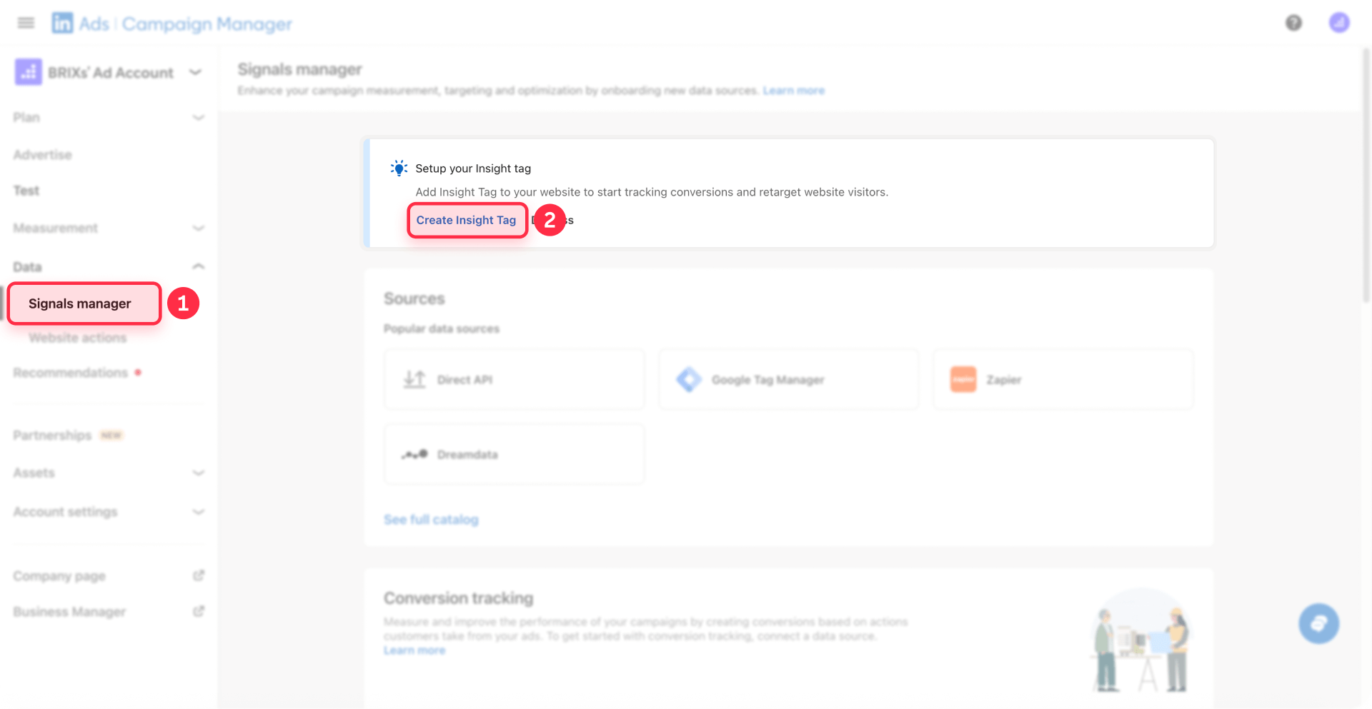 How To Navigate Signals Manager Create Insight Tag LinkedIn Webflow