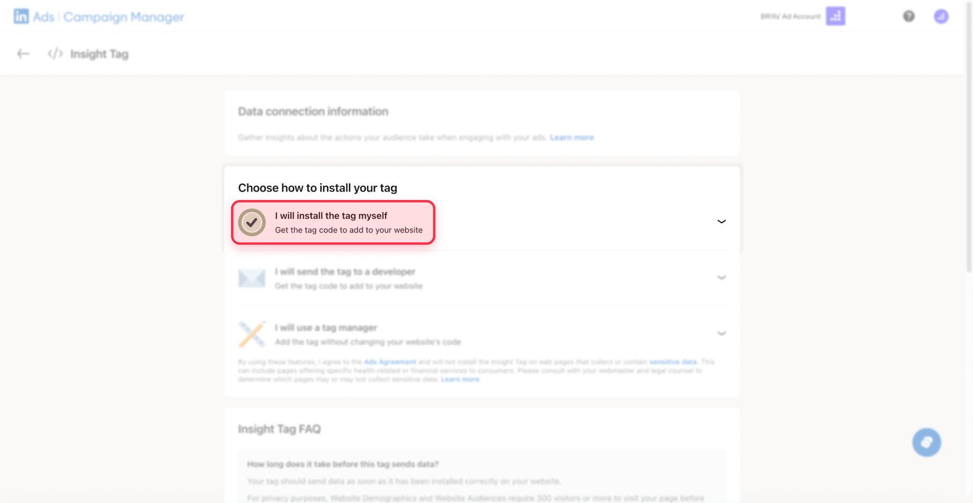 How To Select Installation Method Insight Tag LinkedIn Webflow