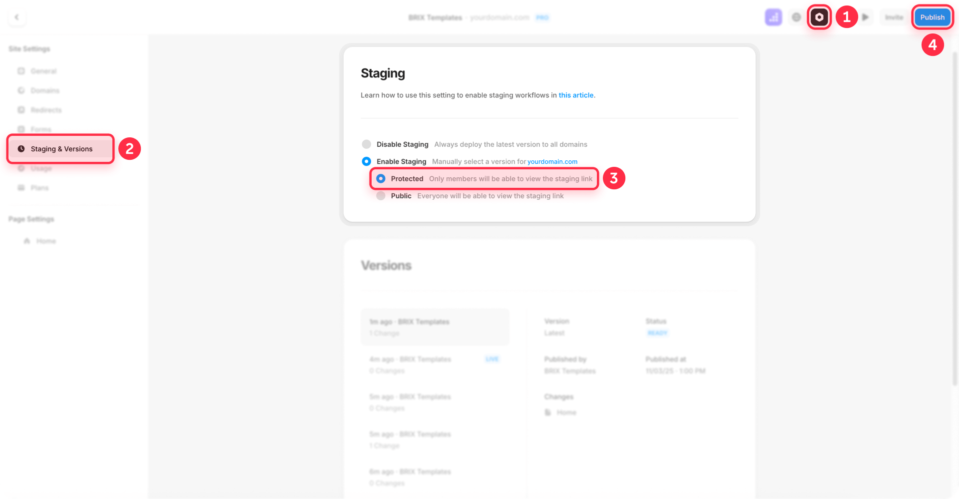 How To Select Protected Staging Versions Settings Framer