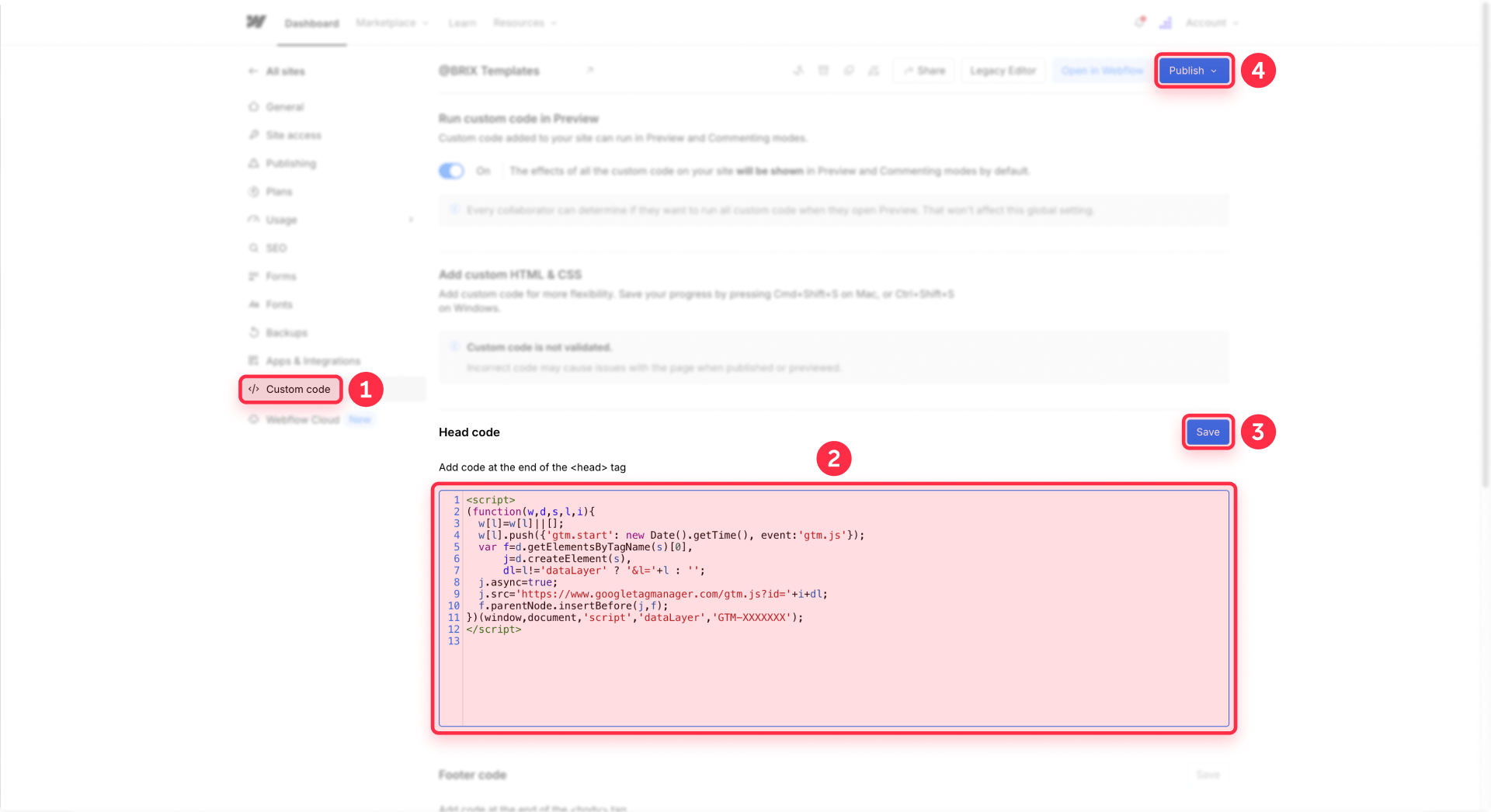 How To Paste The GTM Code In The Webflow Head