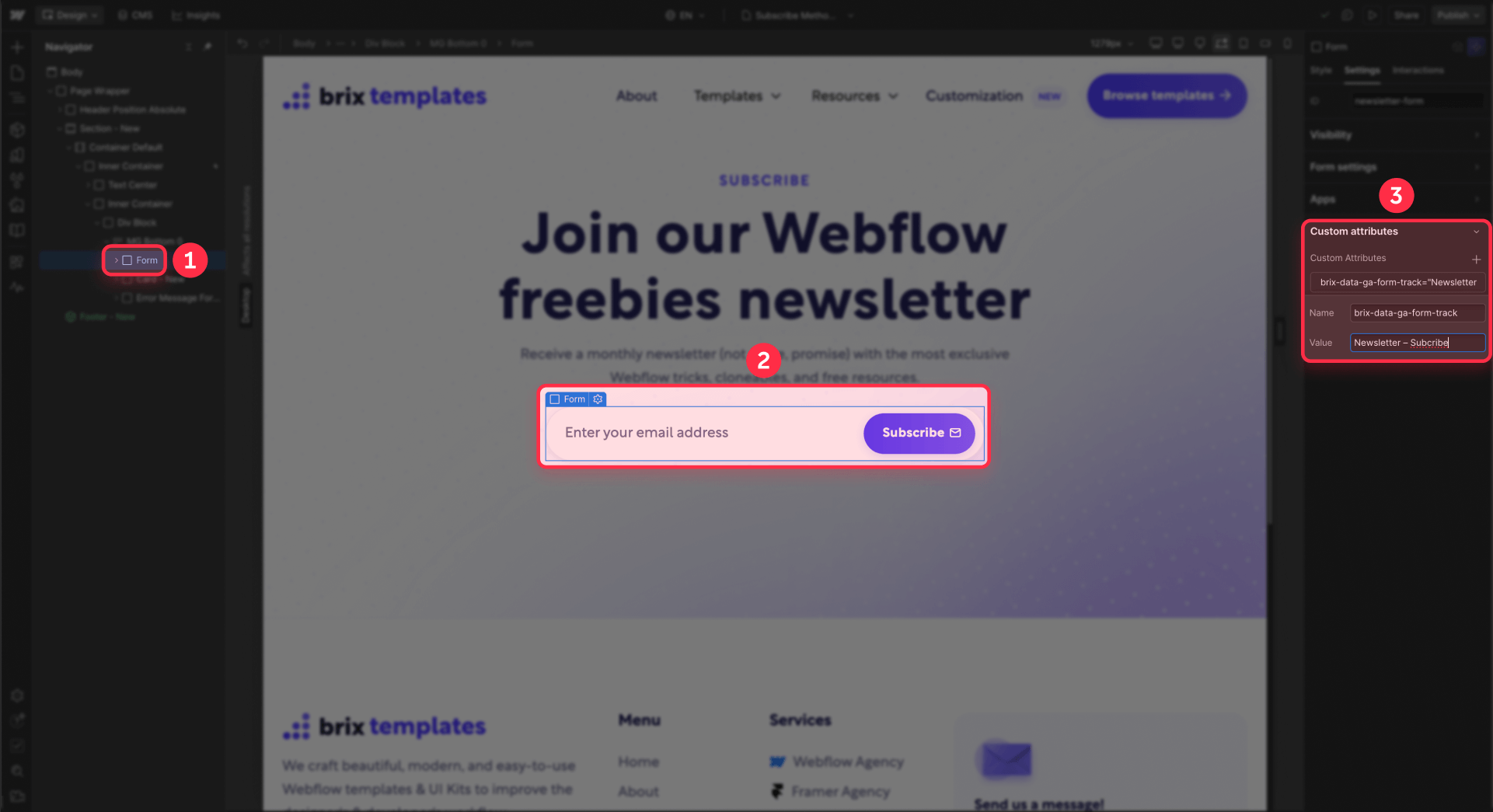 How to add custom attribute brix data ga form track in Webflow for custom labels