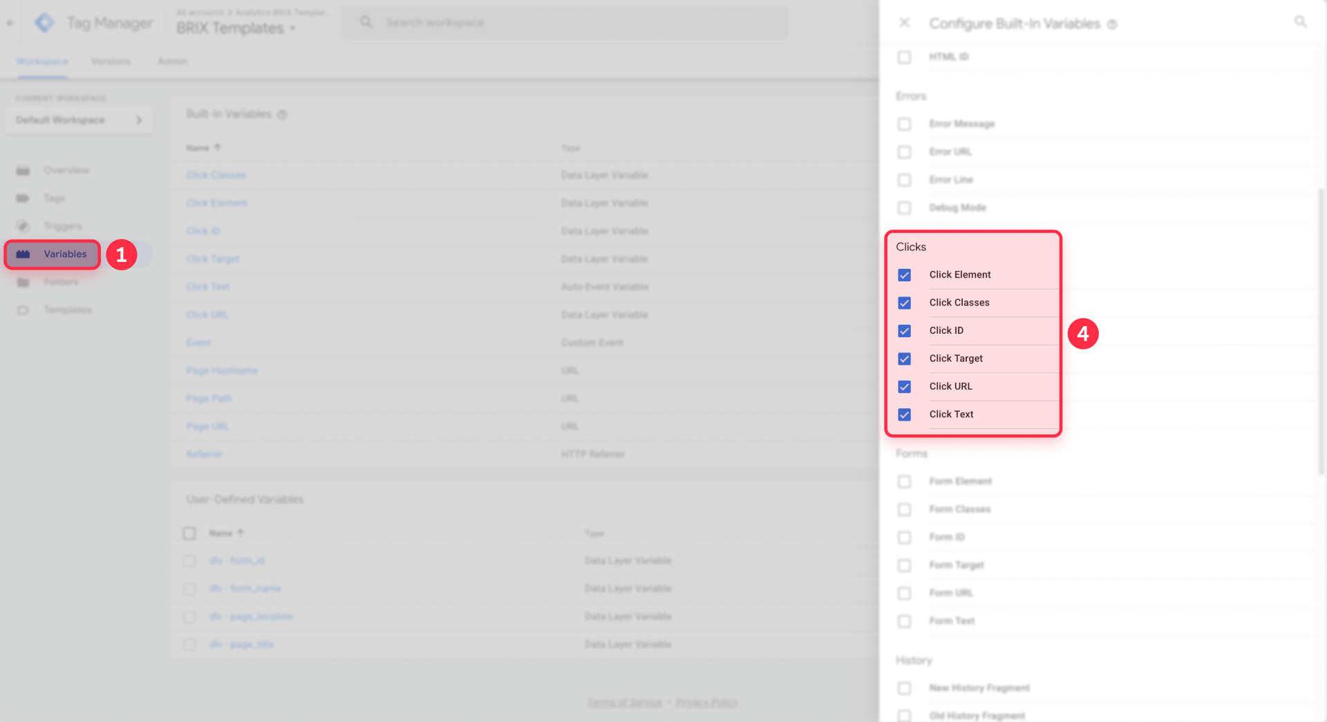 How to enable Click Variables in GTM Built in Variables for Webflow button tracking