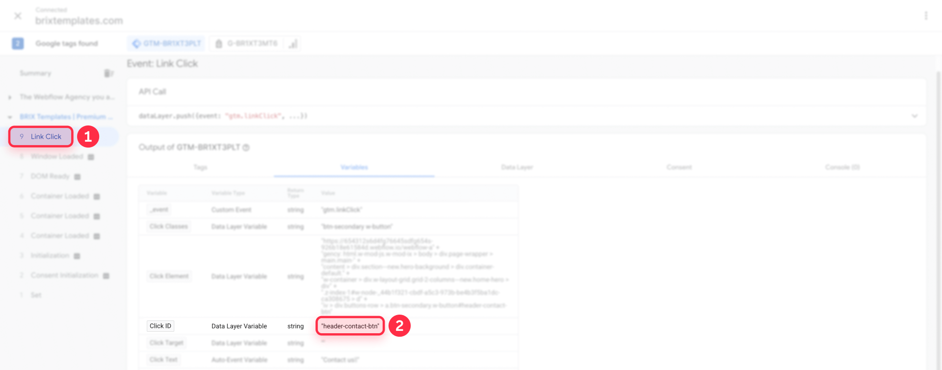How to inspect Click ID header contact btn in GTM Preview mode for Webflow button