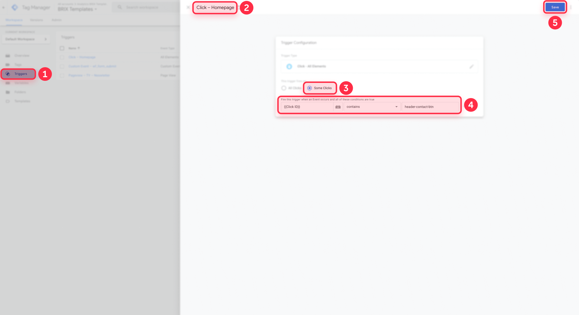 How to create Click trigger Some Clicks with Click ID contains header contact btn GTM Webflow