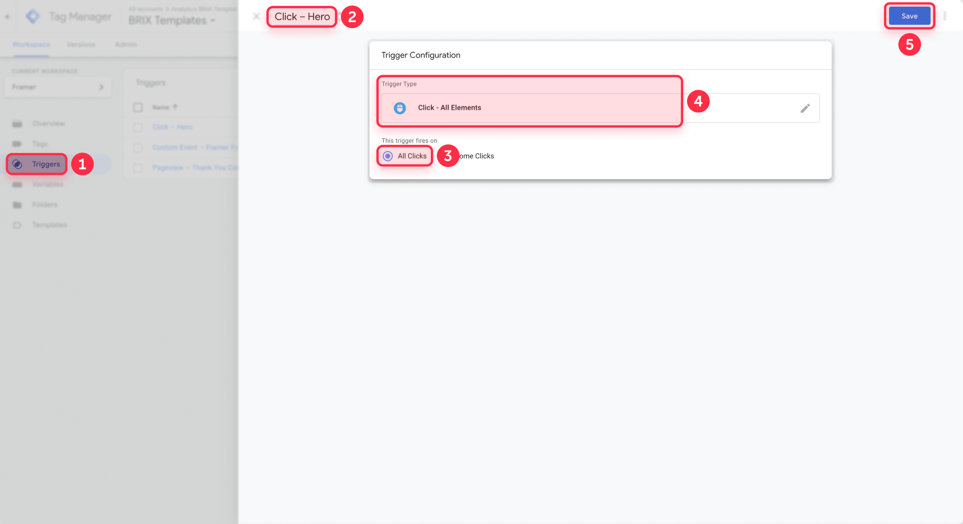 How to create initial Click trigger All Clicks in GTM for Framer buttons debug
