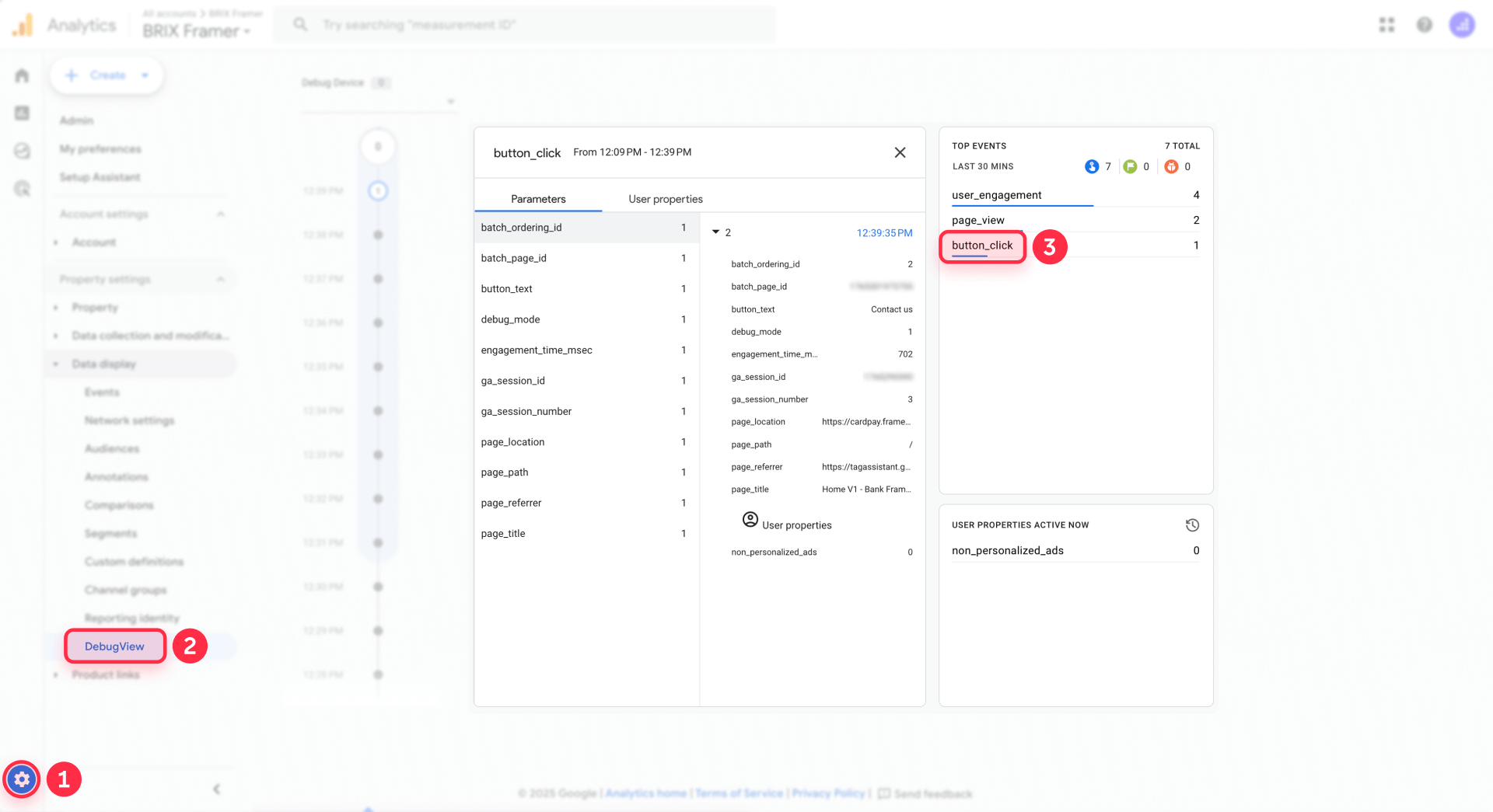 How to verify button click event with parameters in GA4 DebugView for Framer buttons