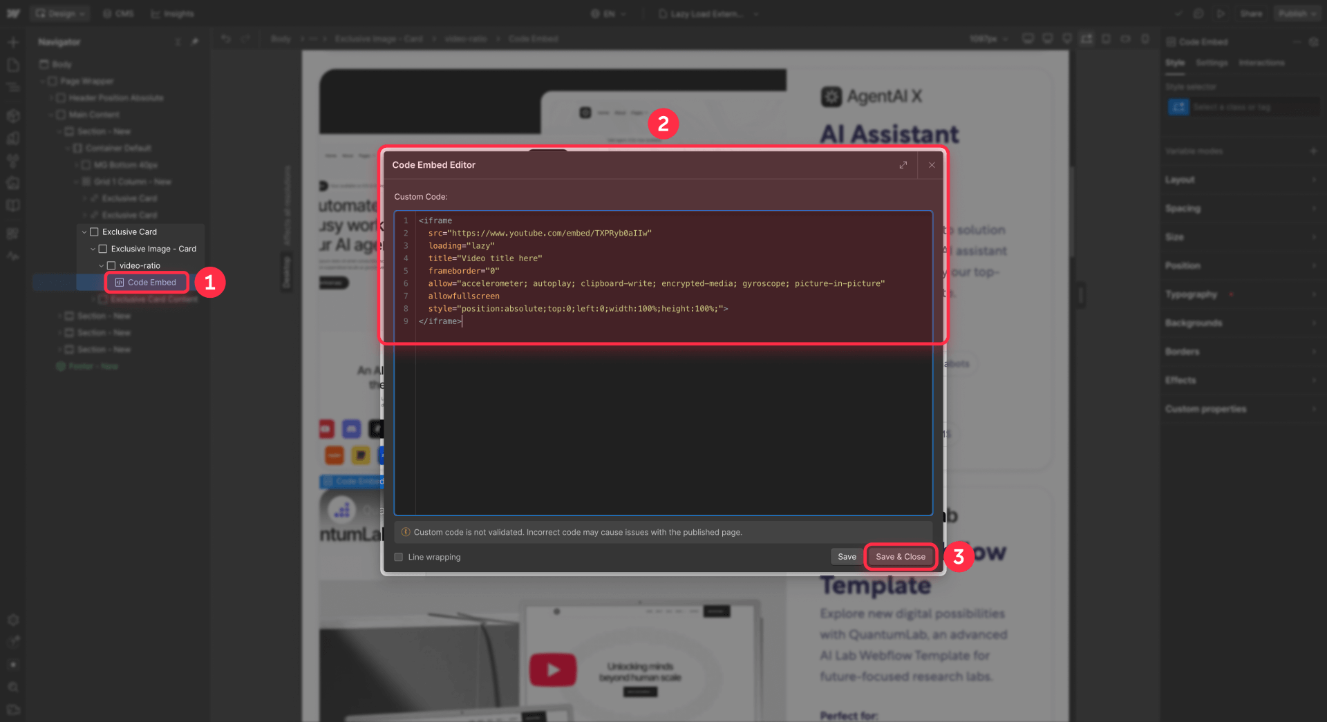 Where To Paste The Iframe Code In The Webflow Embed Element