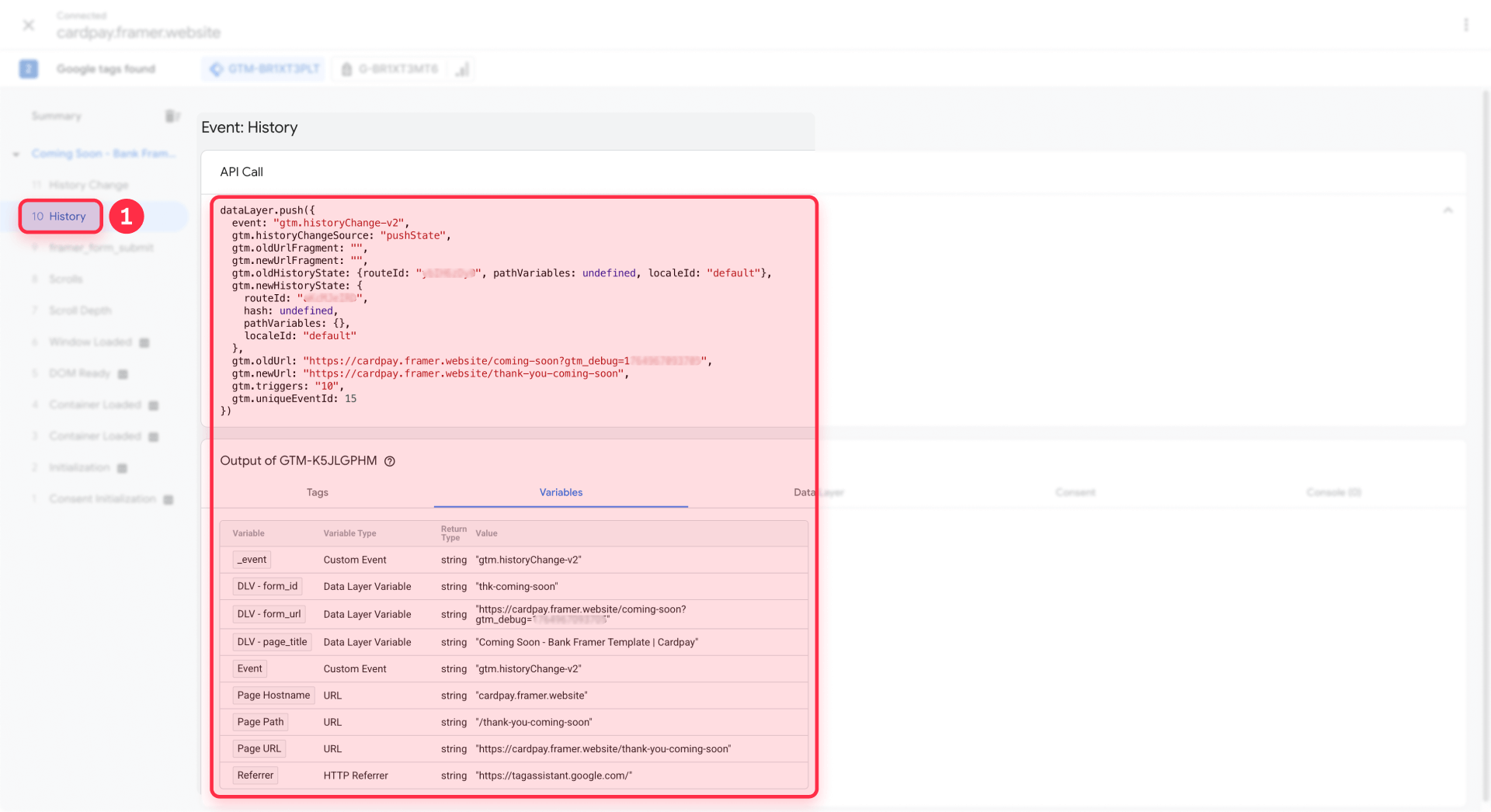 Check dataLayer variables DLV form ID thk coming soon in Tag Assistant preview Framer