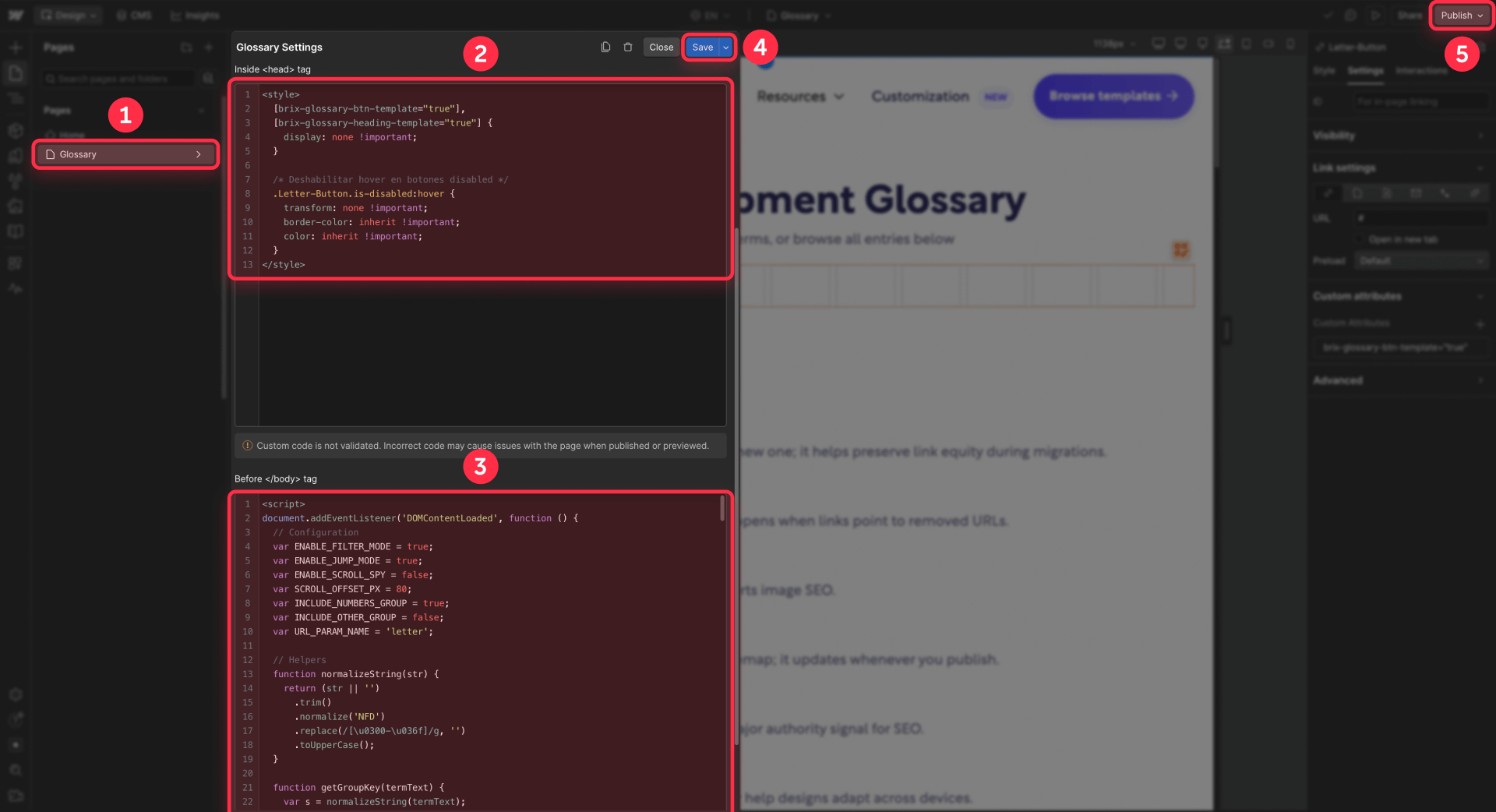 How To Paste The Glossary Code In The Page Settings Of Webflow