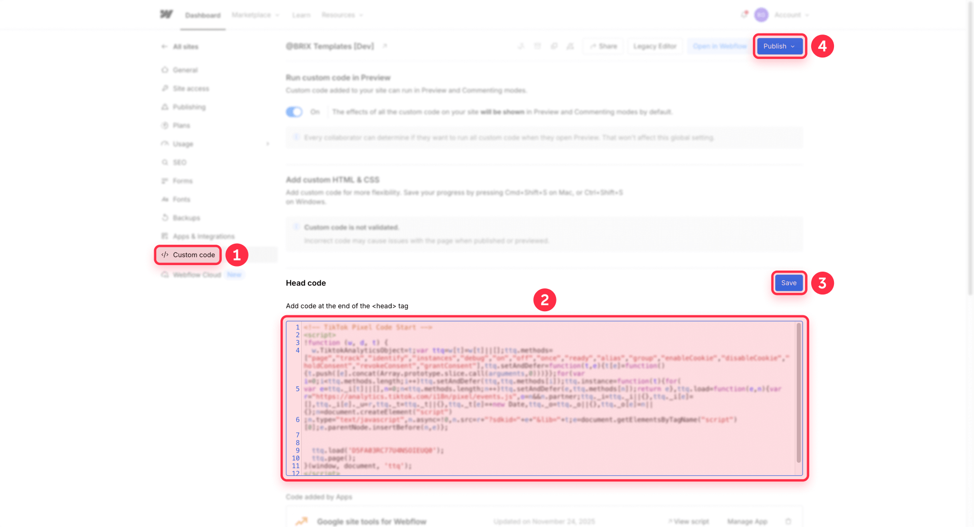 How To Paste The TikTok Pixel Code In The Head Code Of Webflow