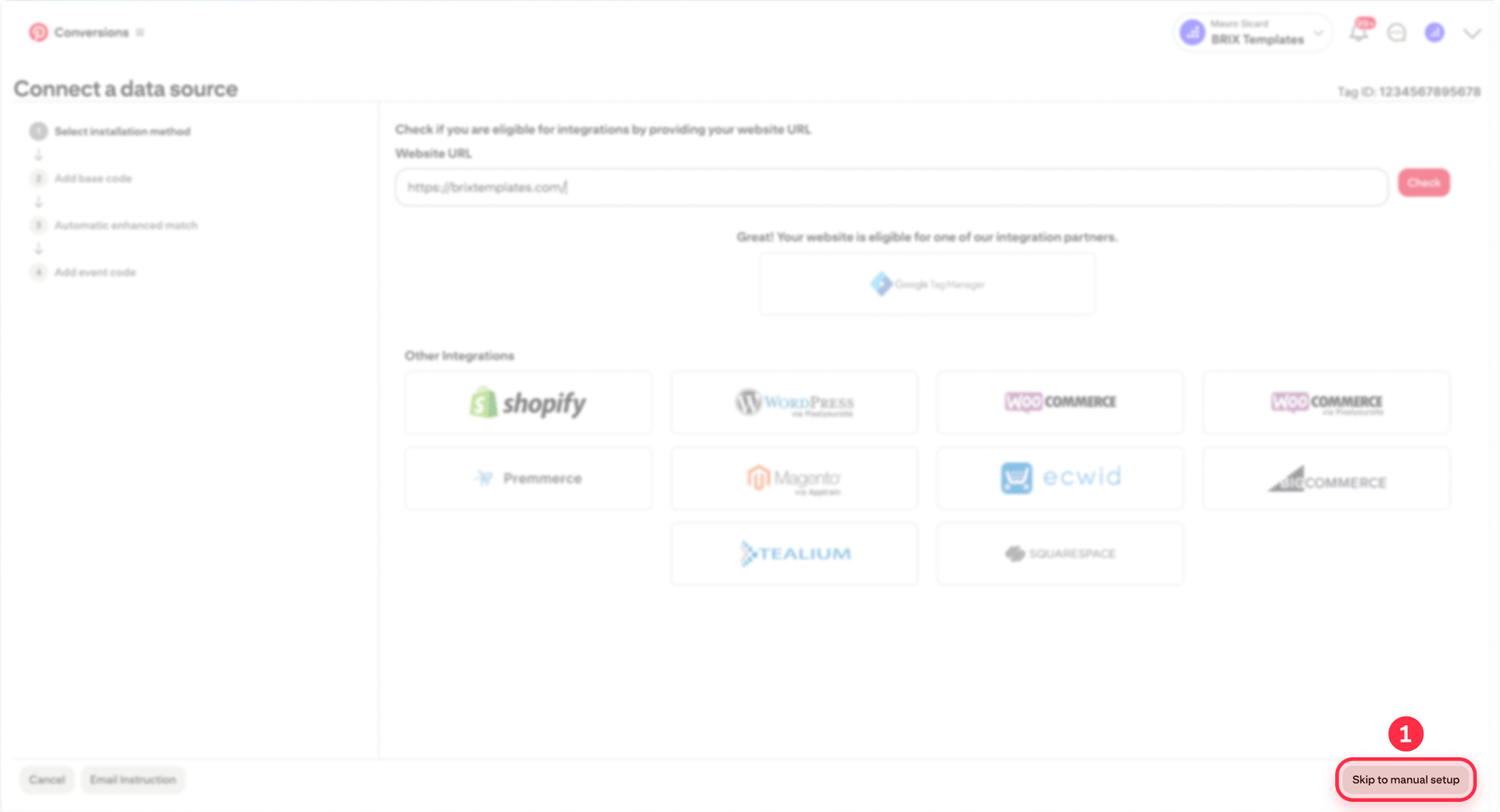 Selecting Manual Configuration In Pinterest Tag Setup For Webflow