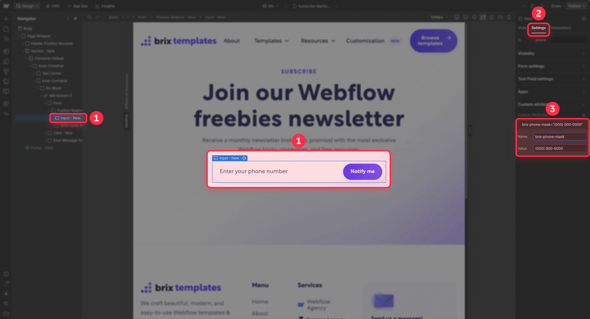How To Add The BRIX Phone Mask Attribute To The Phone Field In Webflow Designer Settings