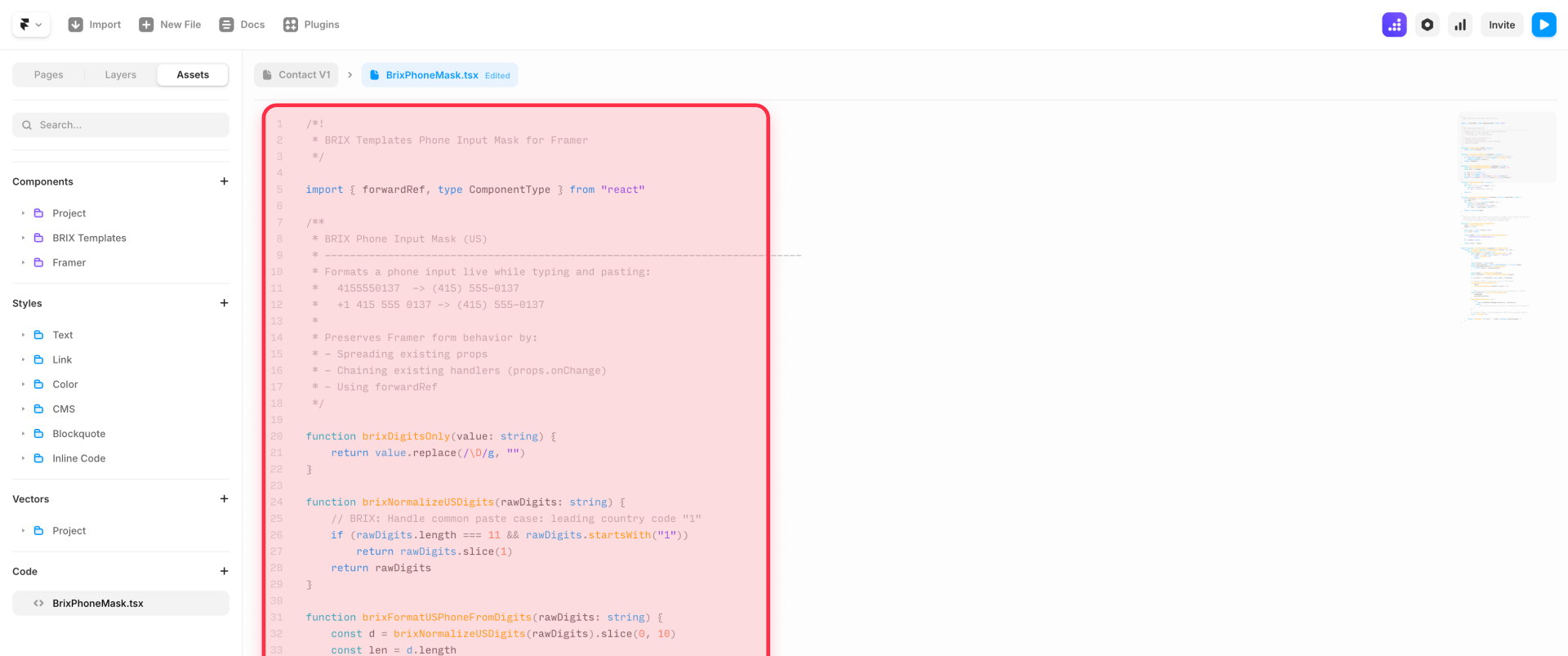Complete Code Of The Override BrixPhoneMask Pattern Based To Format Phones In Framer