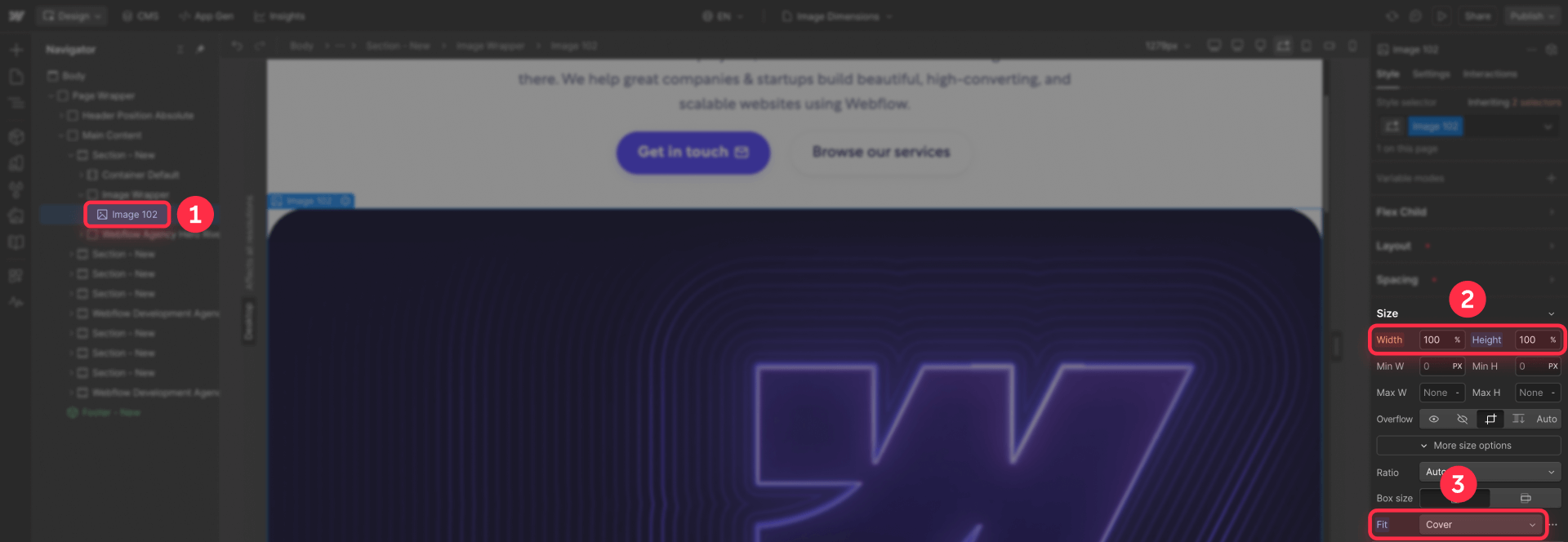 How To Configure Width 100 Height 100 And Object Fit Cover In The Image Inside Wrapper Webflow