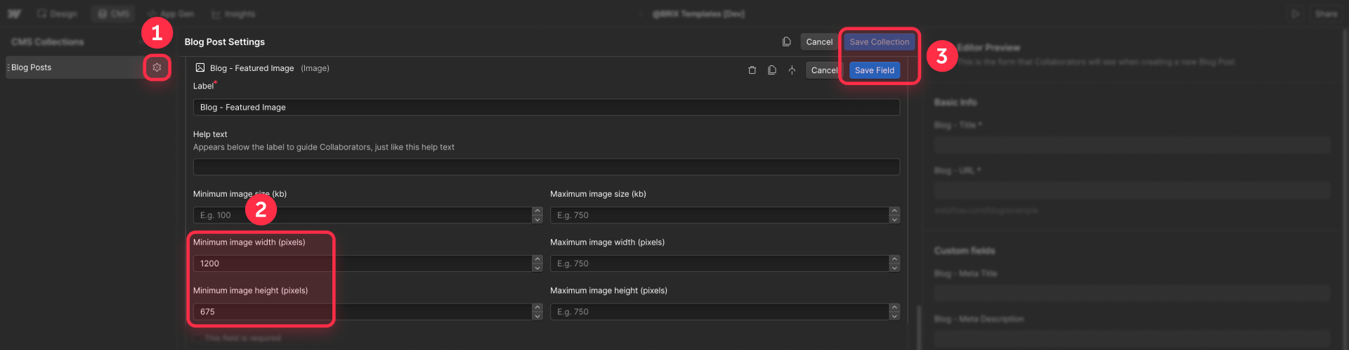 How To Configure The Minimum Dimensions Validation In The CMS Image Field Of Webflow