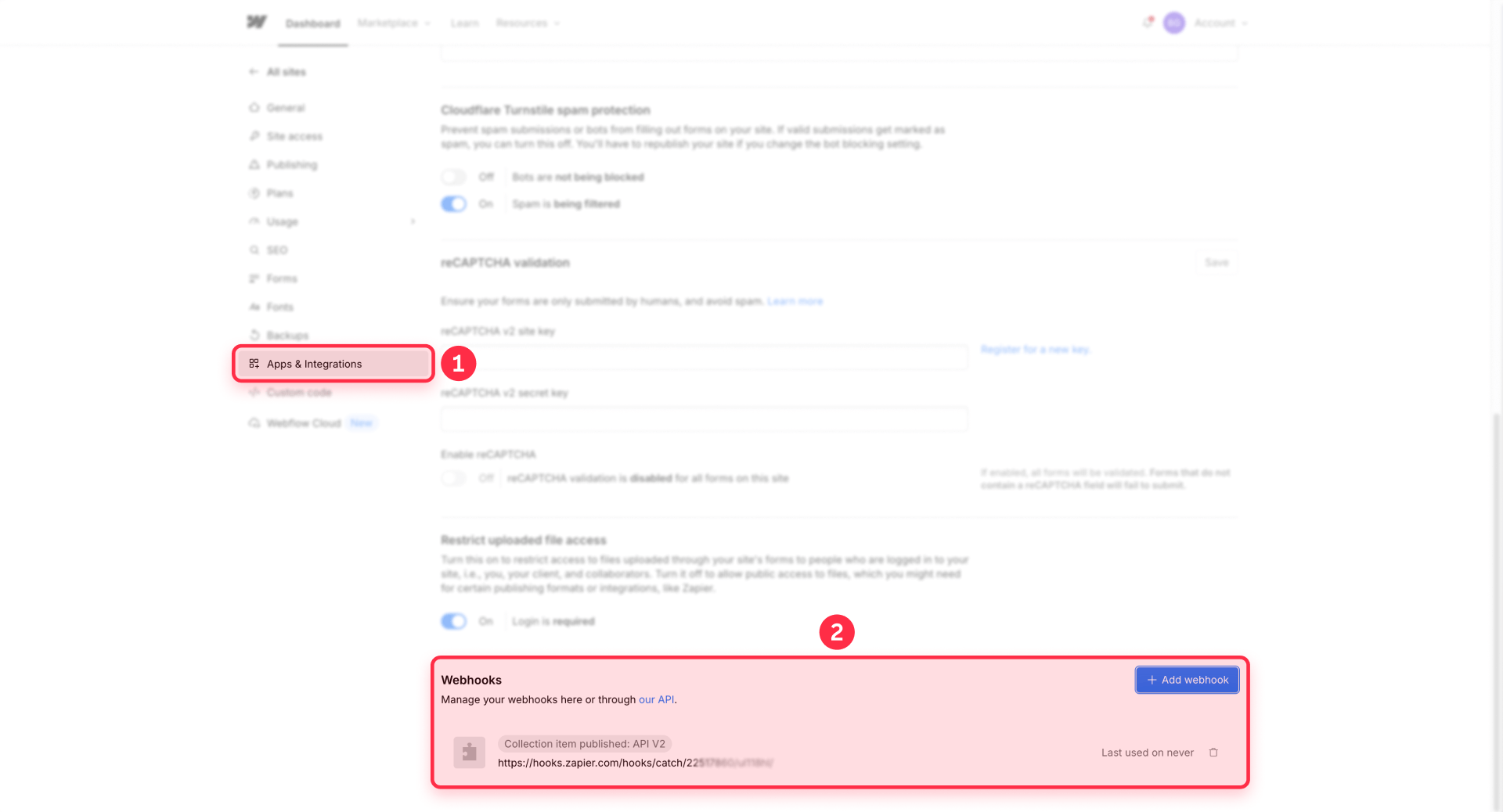How To Add A Webhook In The Apps And Integrations Of Webflow