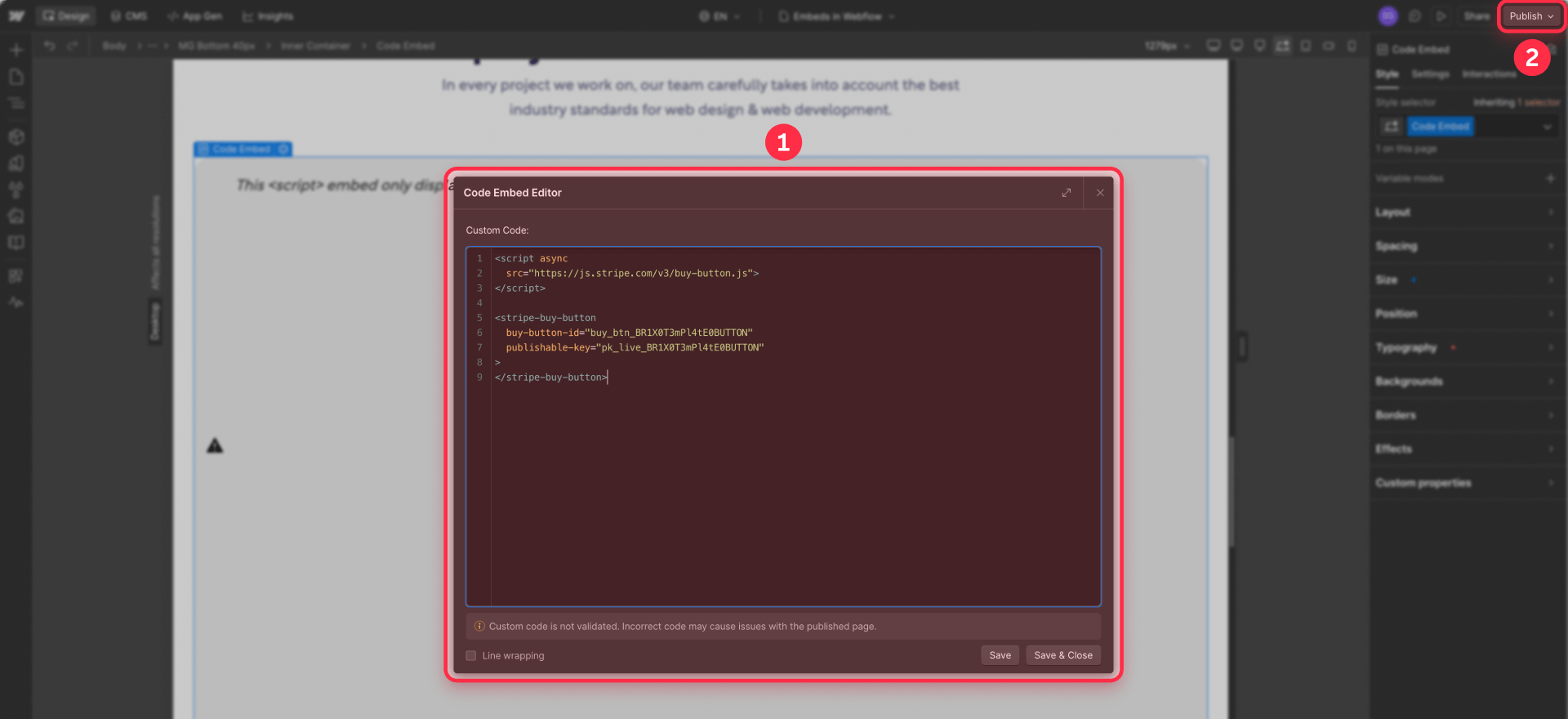 How To Paste The Stripe Buy Button Code In A Webflow Embed