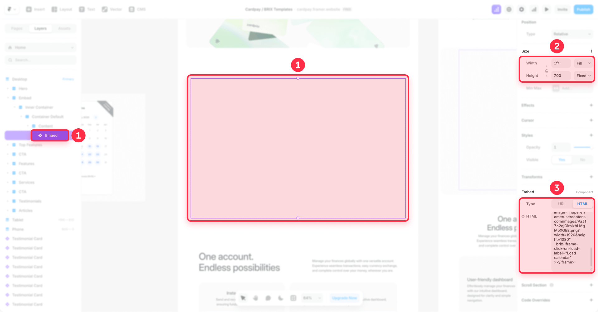 How To Configure The Embed Element With HTML Type And Fixed Height In Framer Designer