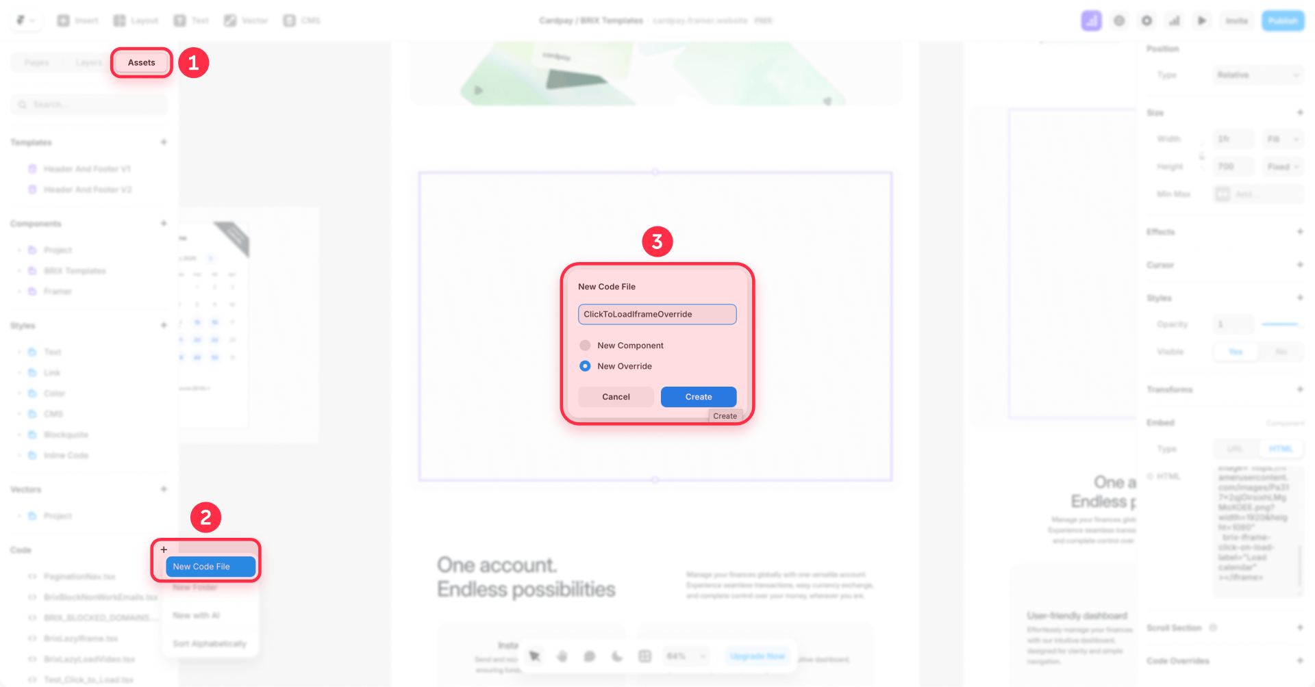 How To Create A New Code Override File For Click To Load In The Framer Assets Panel