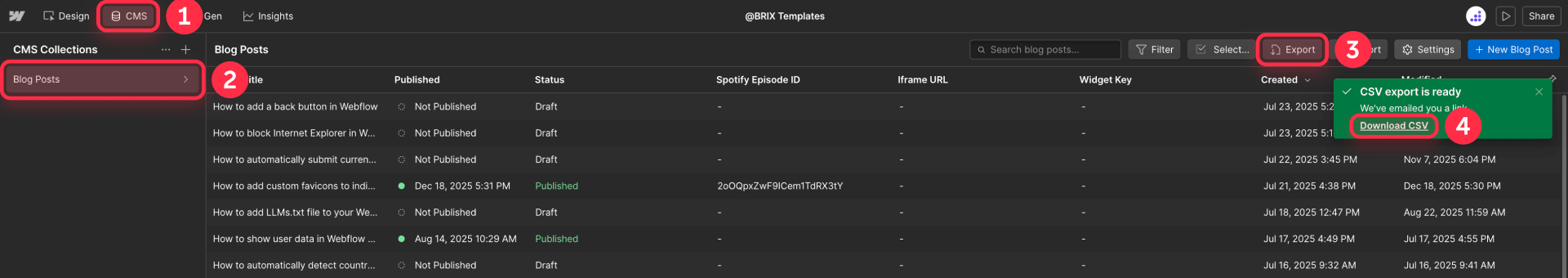 How To Export A Webflow CMS Collection To CSV From The Panel