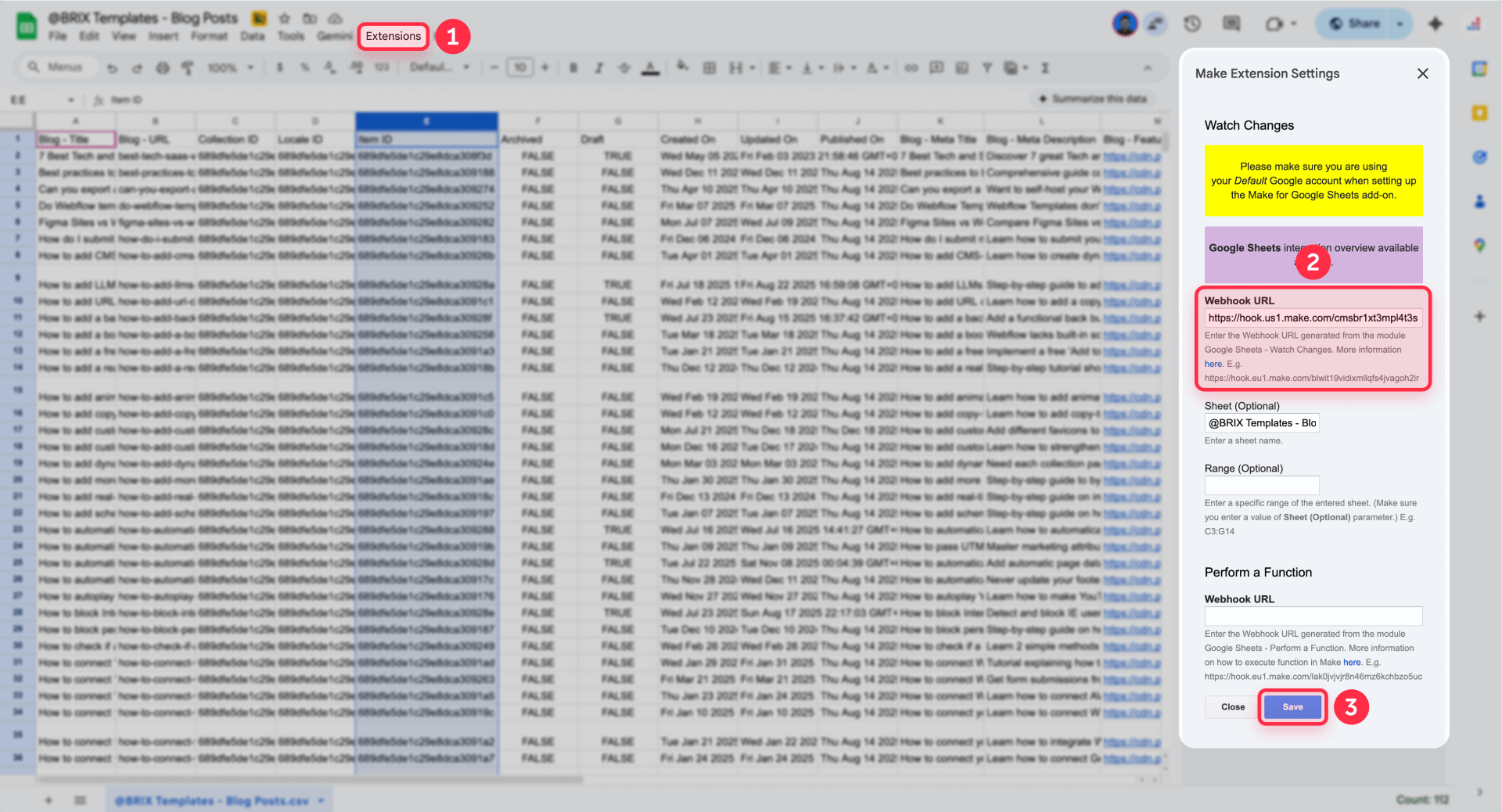 How To Set The Webhook URL In Google Sheets For Watch Changes In Make And Webflow