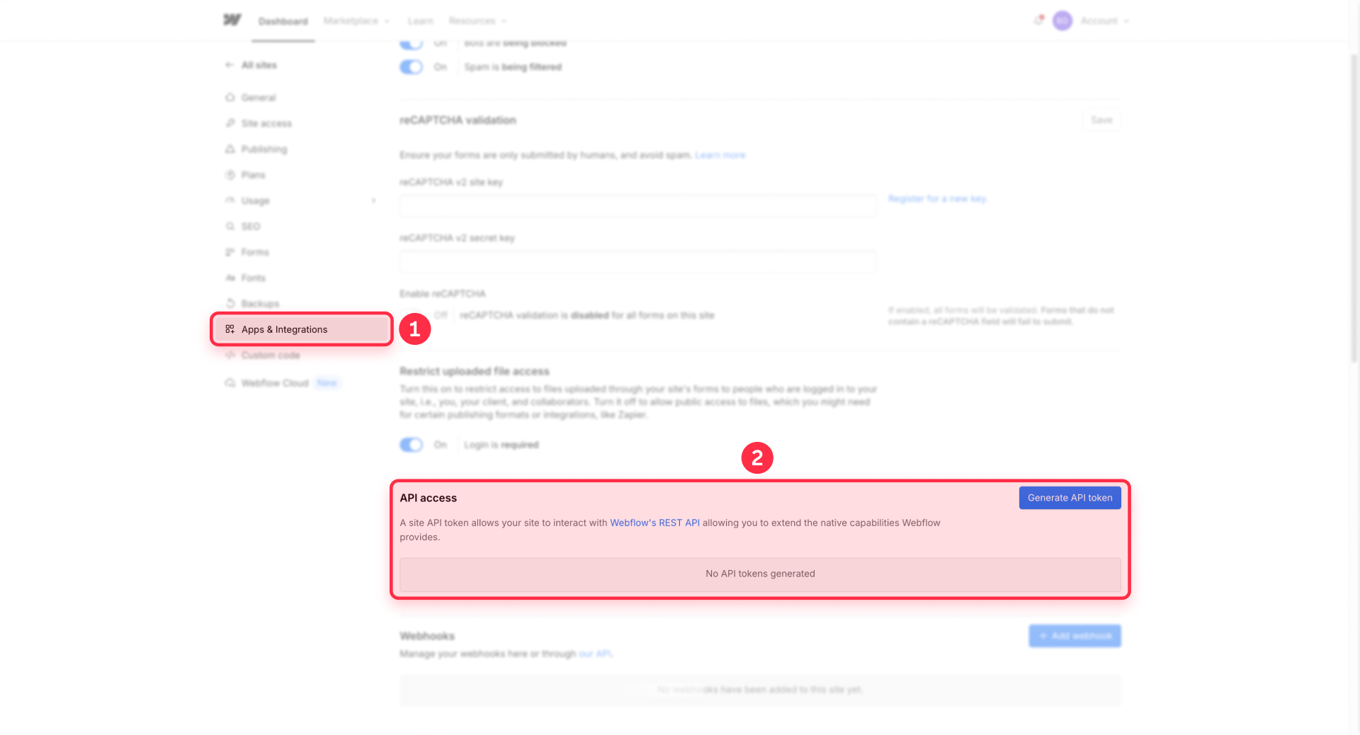 How To Generate An API Token In Webflow From Apps And Integrations