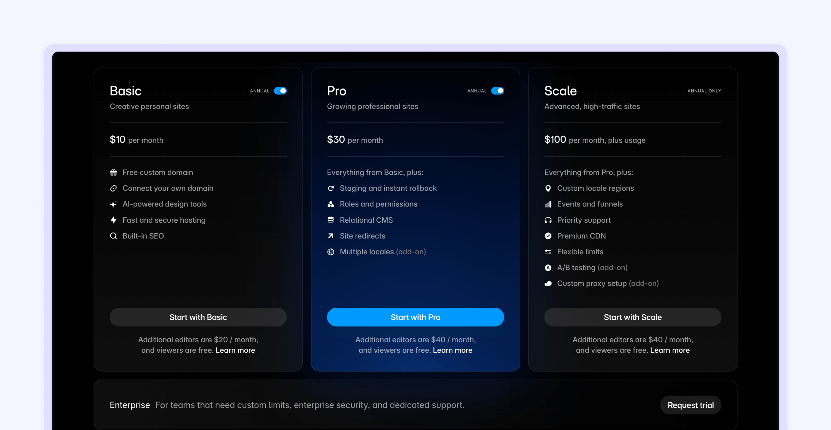 Webflow vs Framer subscription costs