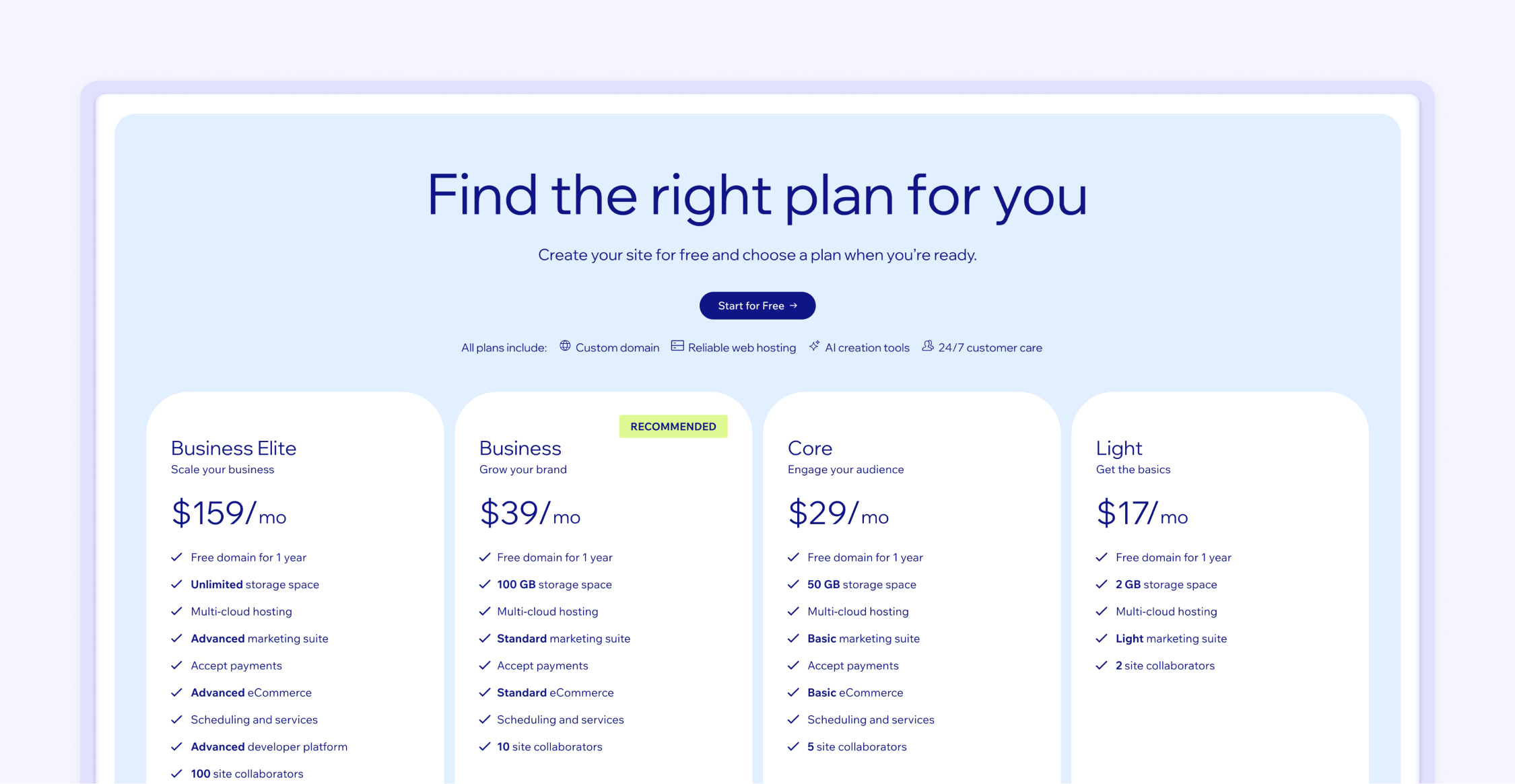 Webflow vs Wix pricing tiers