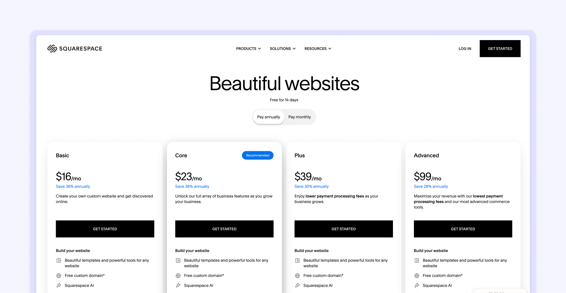 Webflow vs Squarespace pricing tiers