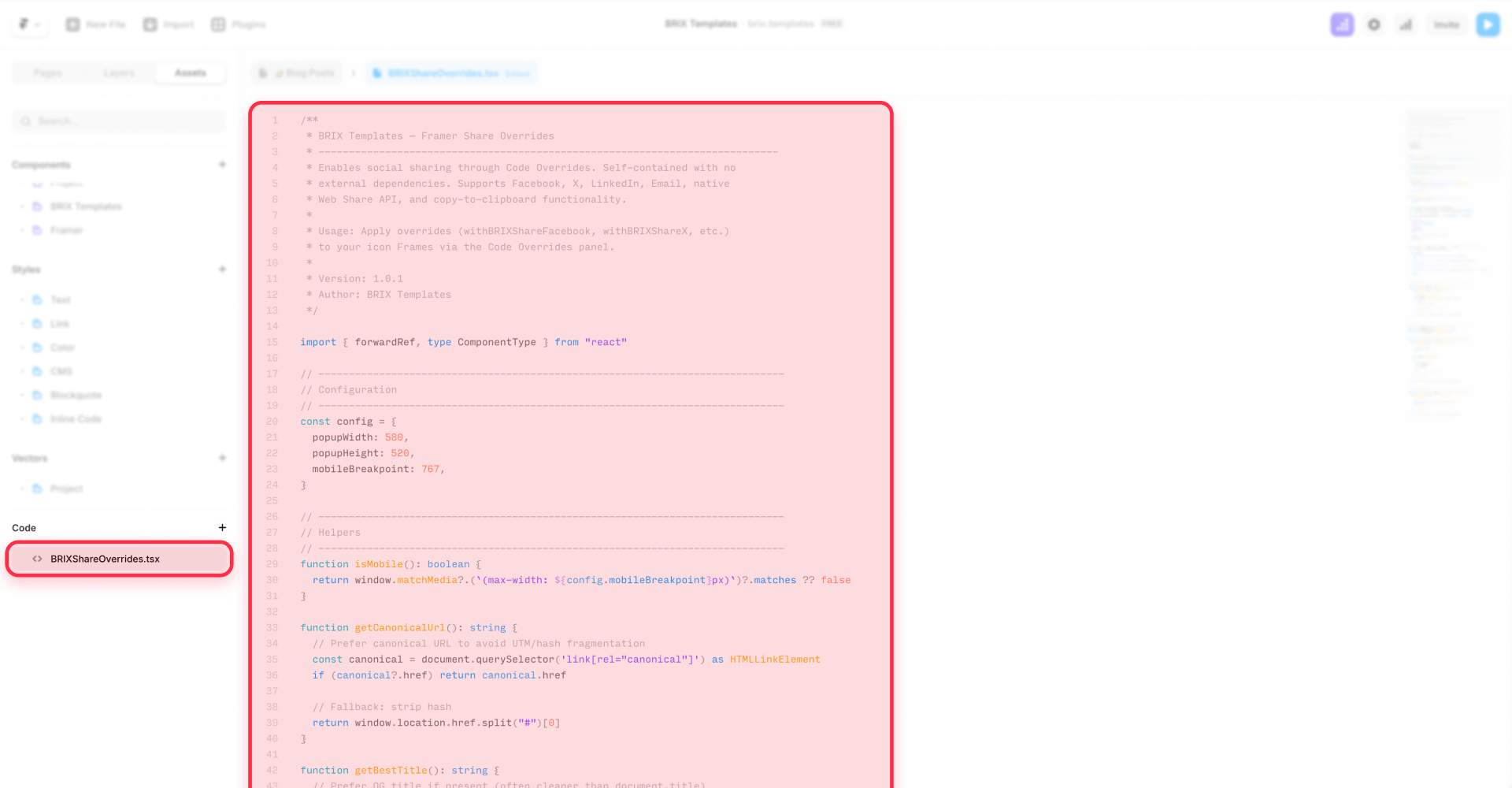 How To Paste The BRIXShareOverridesTSX Code In The Framer Editor