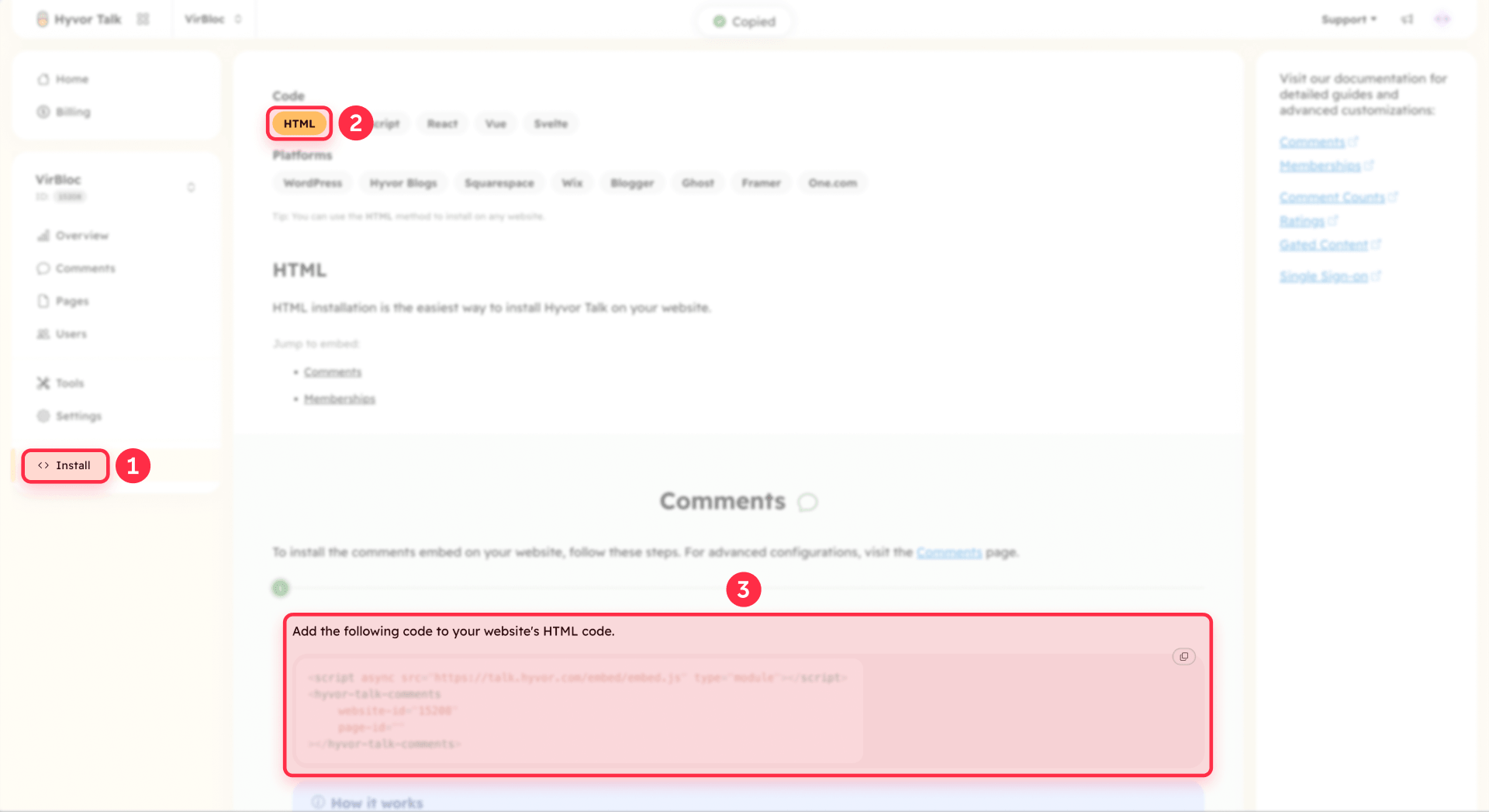 How To Copy The Hyvor Talk HTML Embed Code For Comments In Webflow