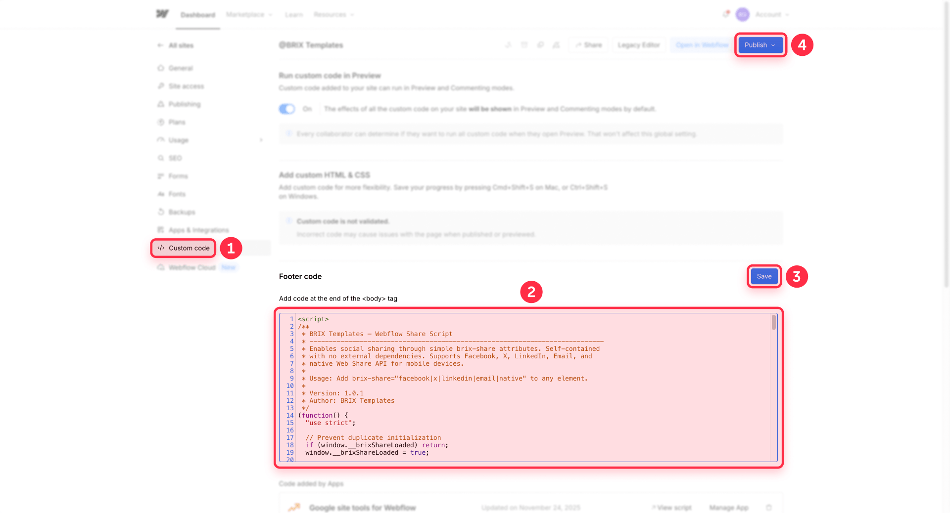 How To Paste The BRIX Share Script In The Webflow Footer Code