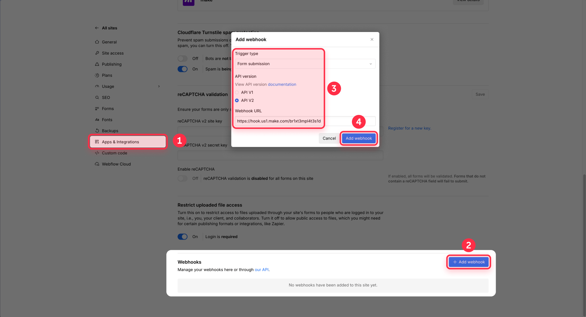 How To Add The Make Webhook In Webflow Site Settings