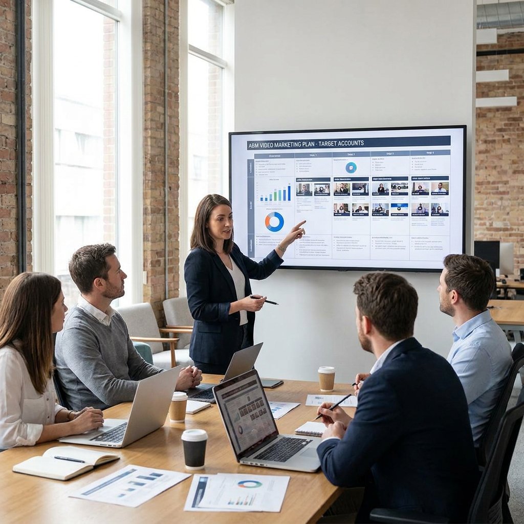 Marketing team in a modern European office reviews a personalised video campaign for target accounts on a large screen with focused, collaborative energy.