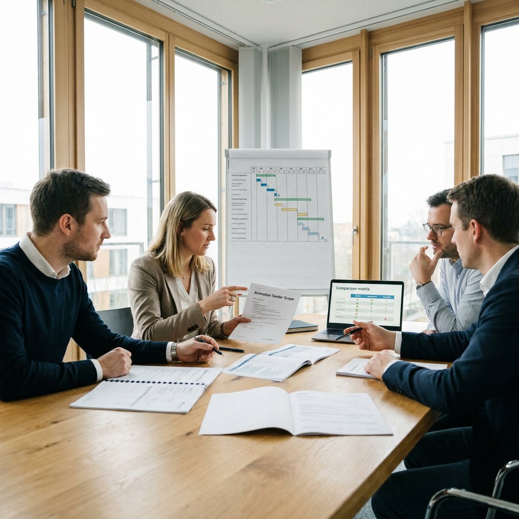 Projectteam bespreekt een animatie aanbesteding rond een vergadertafel met documenten, laptop en planning in een lichte moderne kantoorruimte.