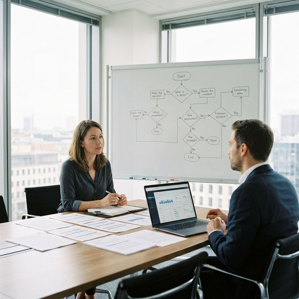 Twee professionals ordenen besluitinformatie met schema’s, documenten en een laptop aan een vergadertafel in een licht modern kantoor.