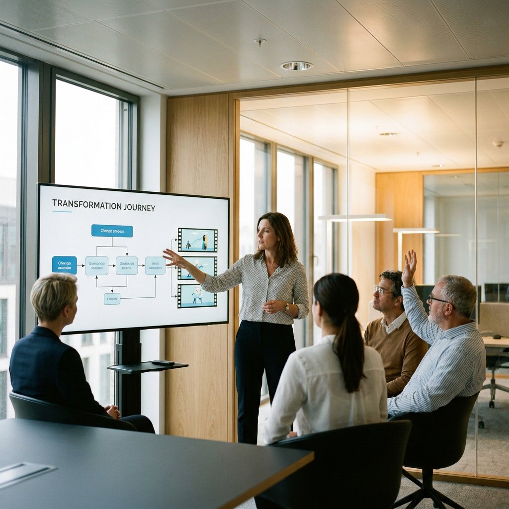 Team in een modern Europees kantoor kijkt naar een heldere veranderpresentatie op scherm, terwijl een manager processen en nieuwe rollen toelicht.