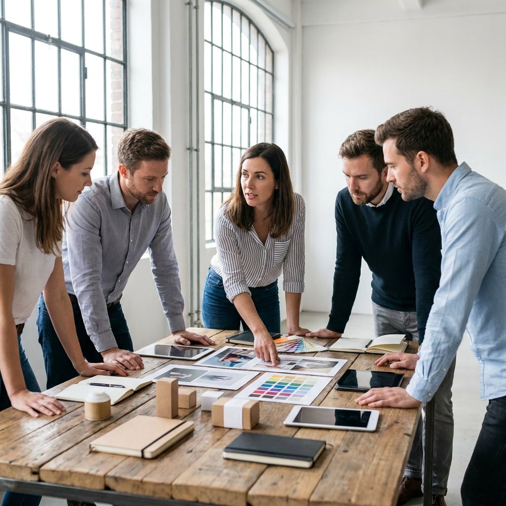 Strategisch team bekijkt heldere merkvisuals en prototypes op een tafel in een modern Europees kantoor, gericht op de lancering van een nieuwe categorie.