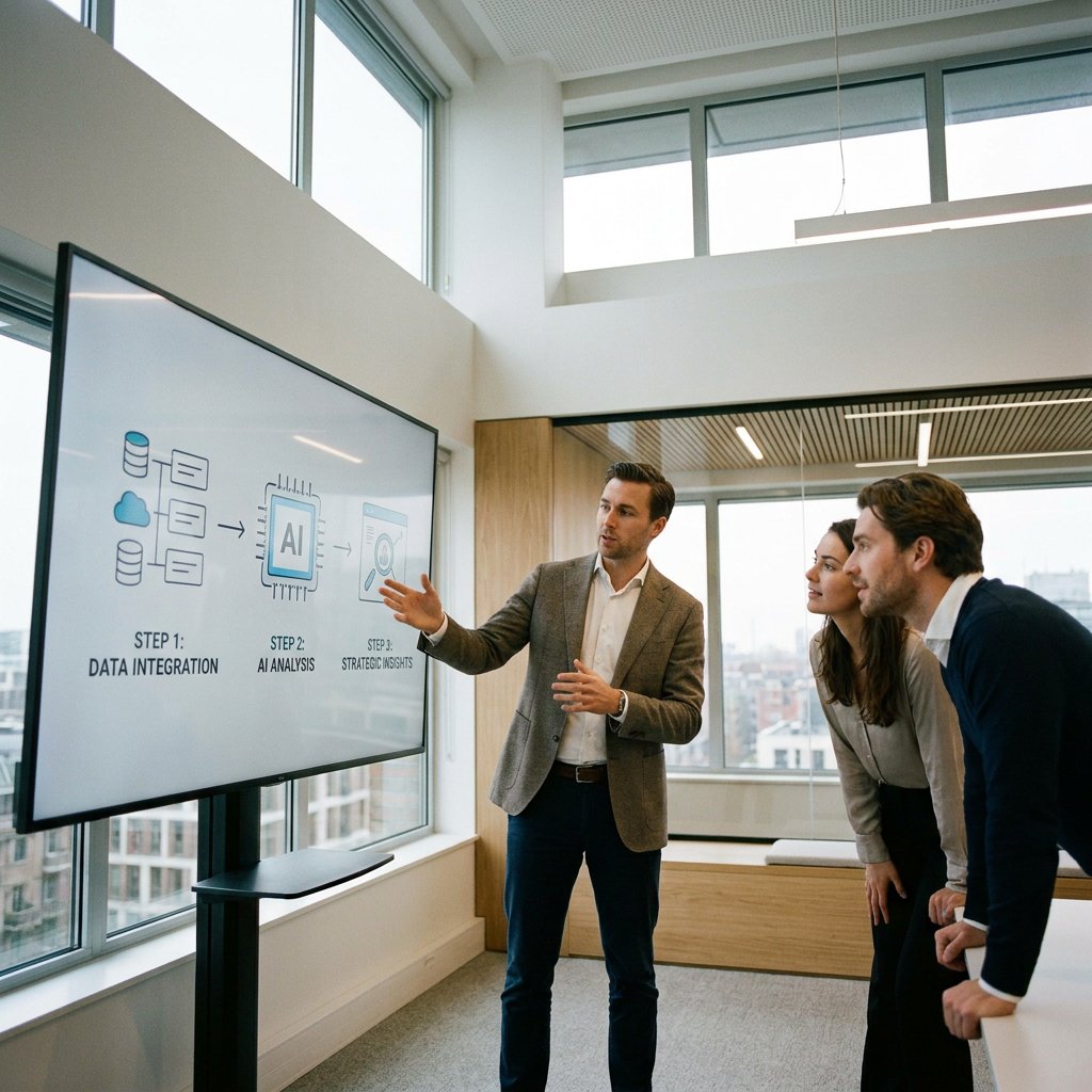 Marketeer presenteert een SaaS salesdemo op groot scherm terwijl heldere animaties complexe data en processen visueel uitleggen in een modern kantoor.