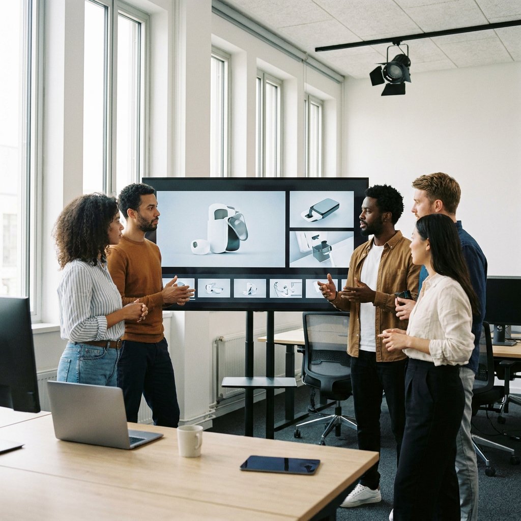 Marketingteam bekijkt een productintroductie met 3D-animatie op groot scherm in een modern Nederlands kantoor, met focus op strategie en heldere visuals.