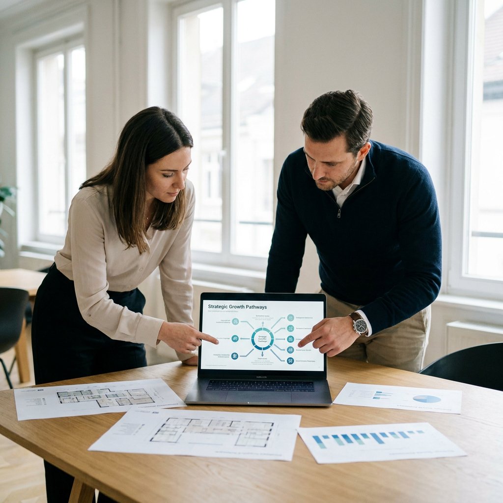 Twee professionals bespreken een heldere infographic op een laptop in een modern kantoor, met notities en een rustige, zakelijke sfeer.