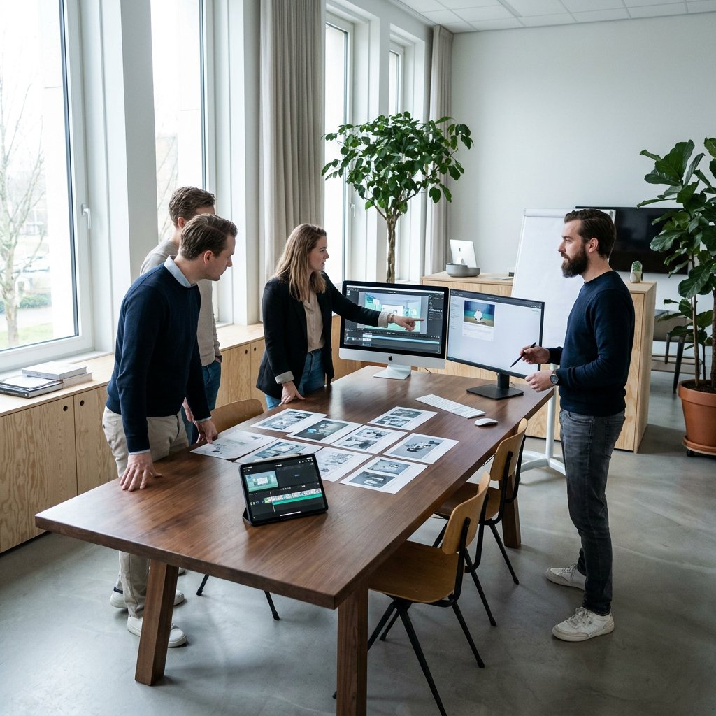 B2B creative team reviews motion design system frames, timing charts and brand visuals on screens in a bright modern European office.