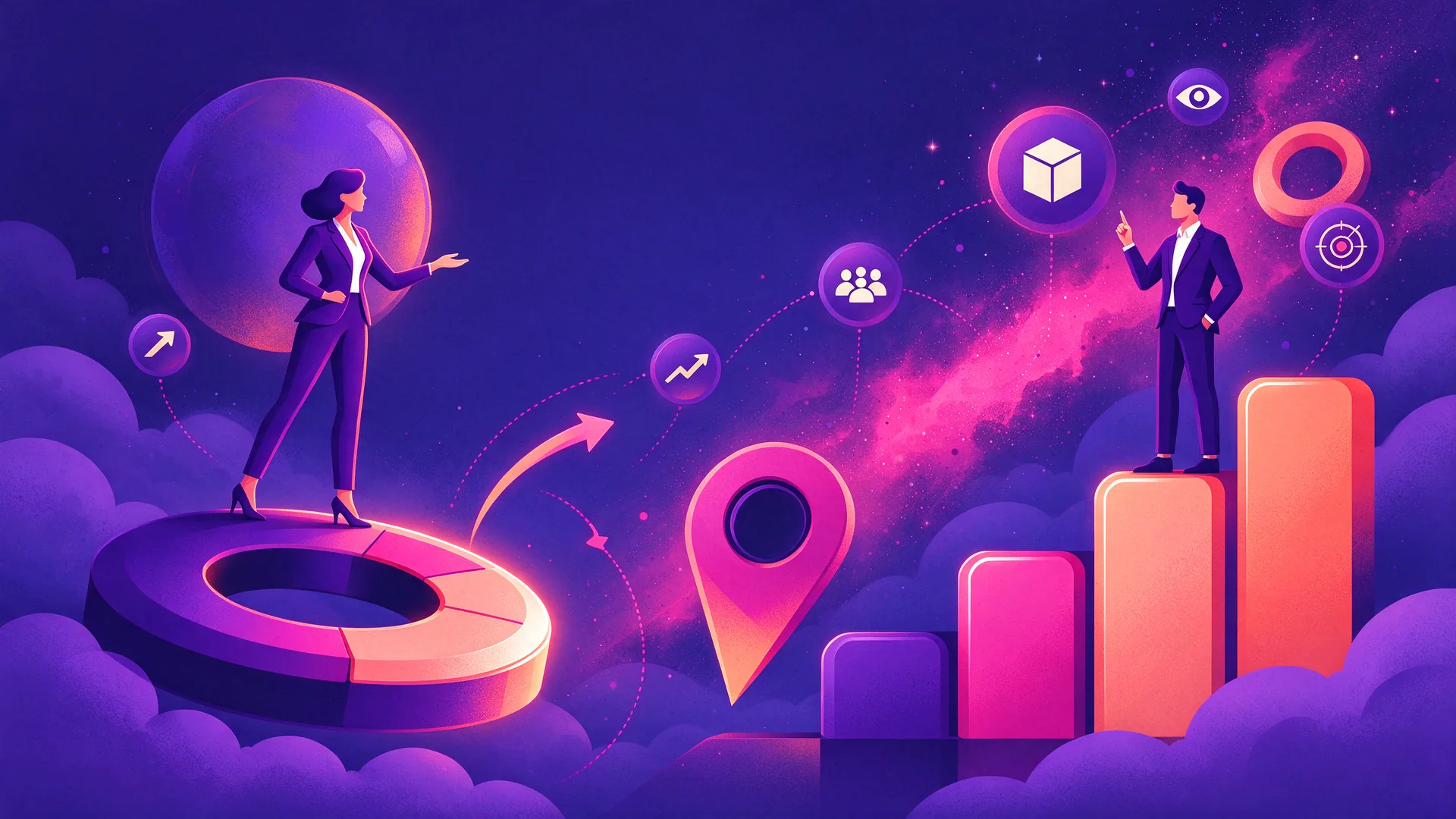 Illustration zweier Geschäftsfiguren auf schwebenden Grafikelementen zwischen Symbolen in einem violetten Himmel