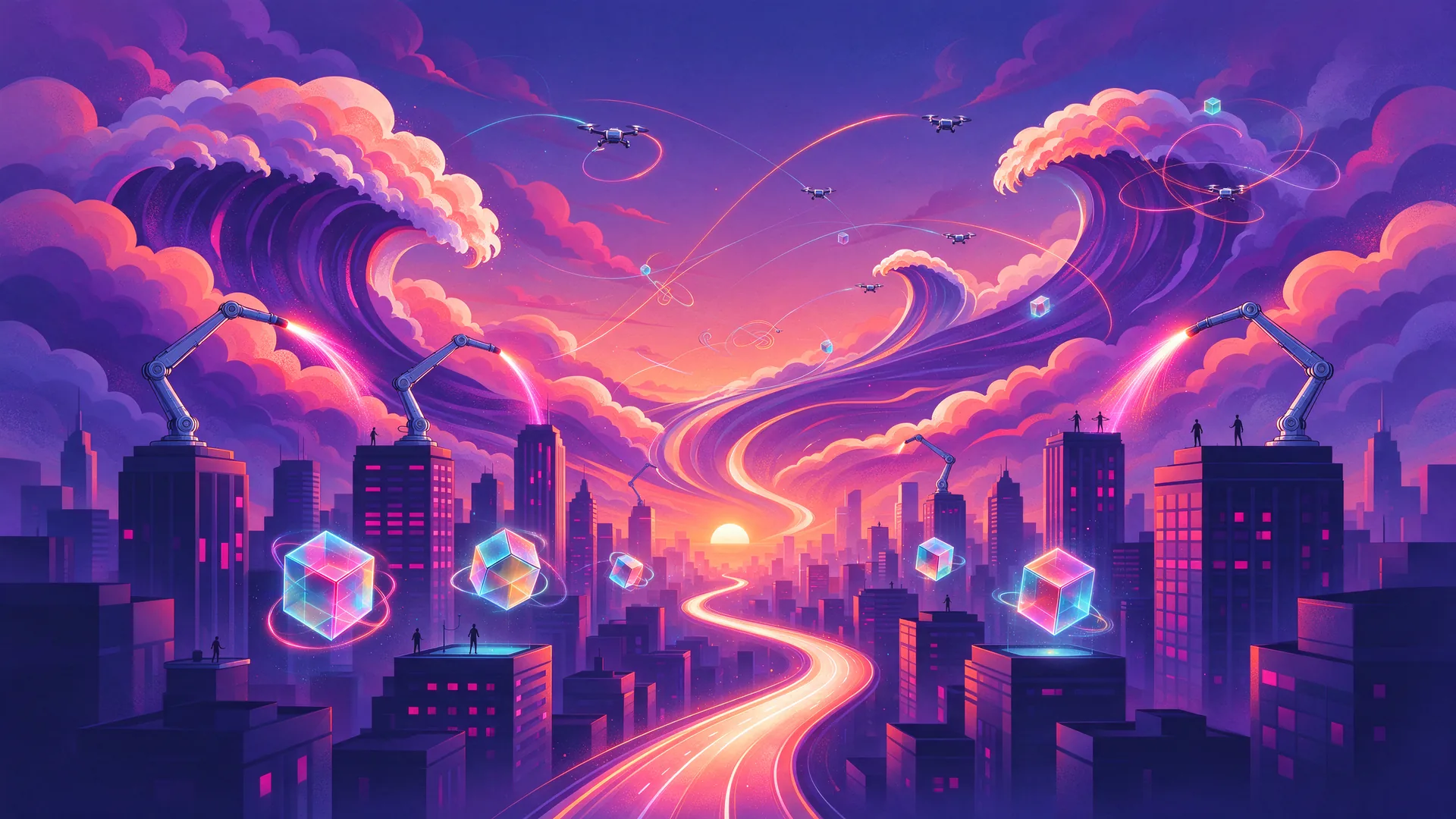 Ilustración de un horizonte futurista al anochecer con brazos robóticos pintando nubes sobre los tejados