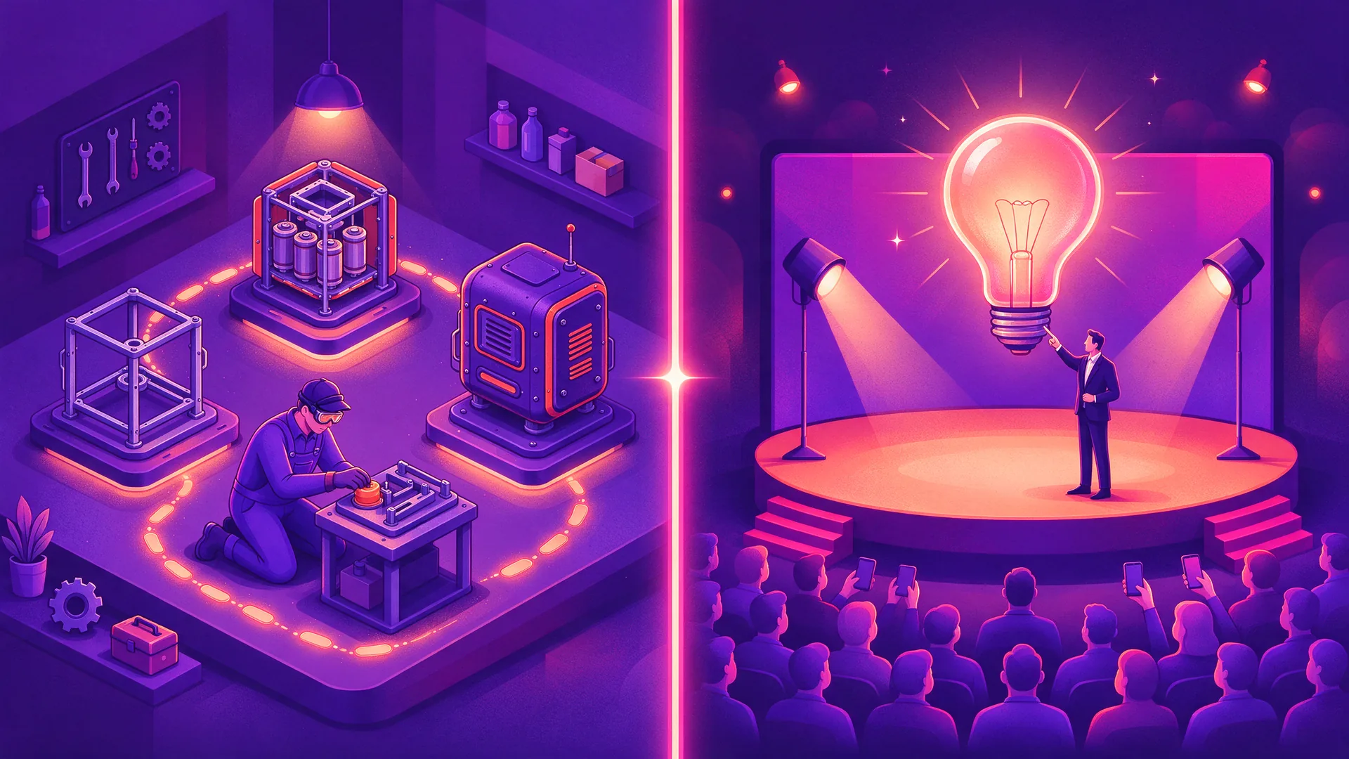 Ilustración de dos mini-mundos isométricos: un taller con marcas de escalones y un escenario con una gran luz