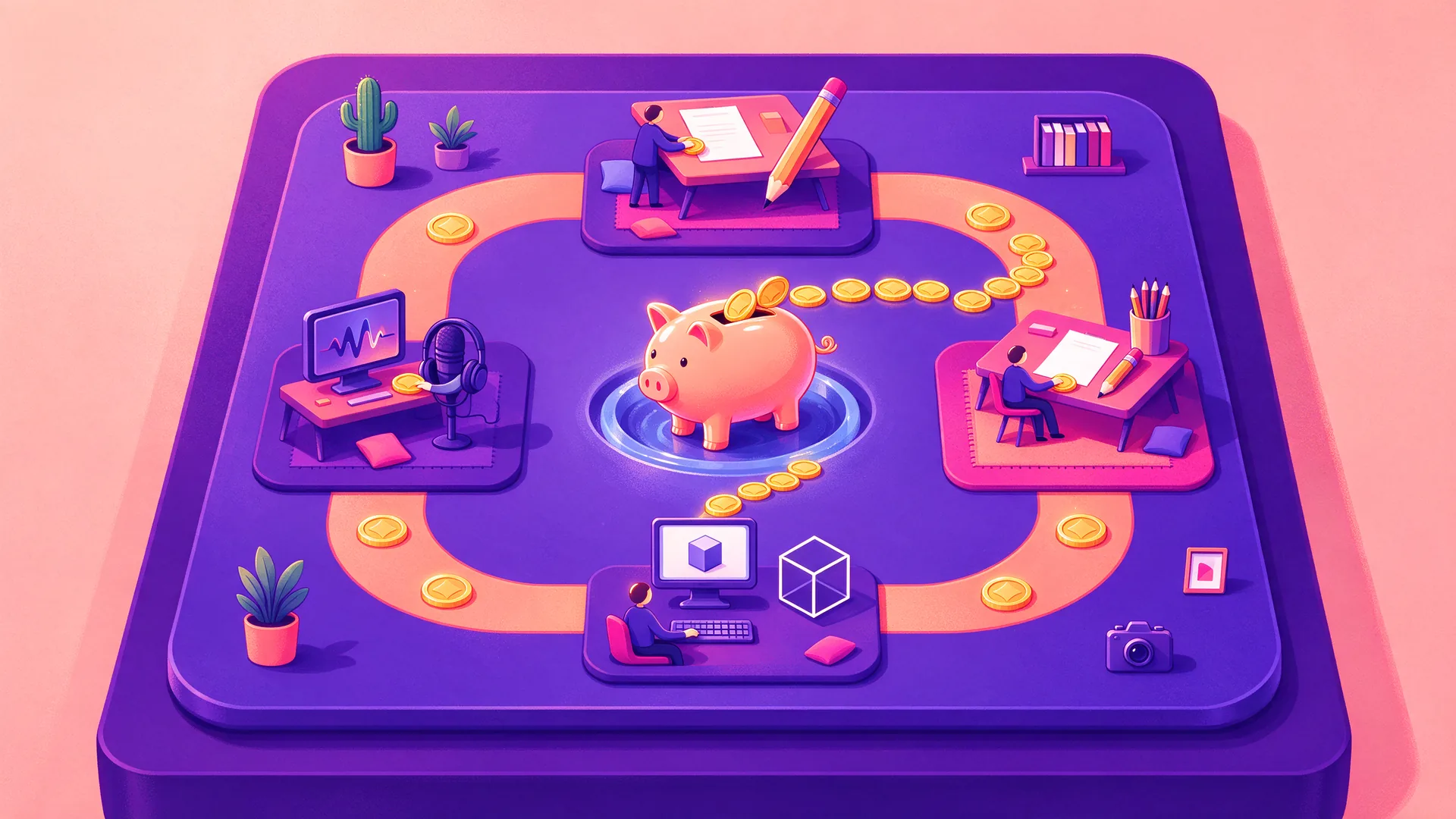 Ilustración de un taller isométrico representado como un juego de mesa en el que las figuras distribuyen monedas por diferentes zonas