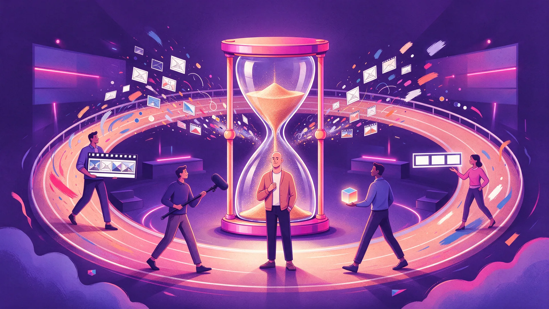 Ilustración de un productor junto a un gran reloj de arena cuya arena se transforma en imágenes cinematográficas y bocetos
