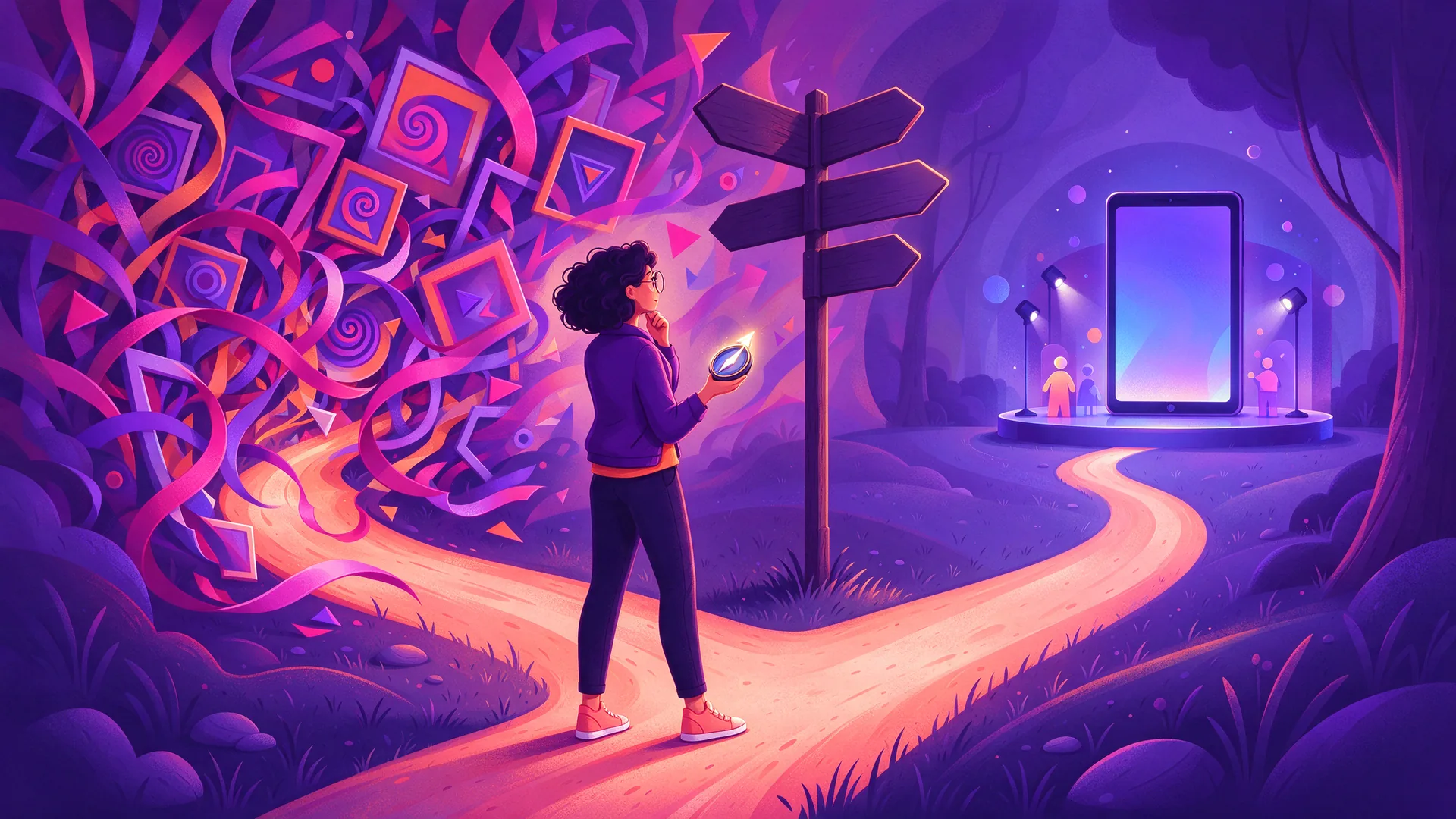 Ilustración de una diseñadora con rizos junto a un letrero, entre un cartel abarrotado y una pantalla interactiva