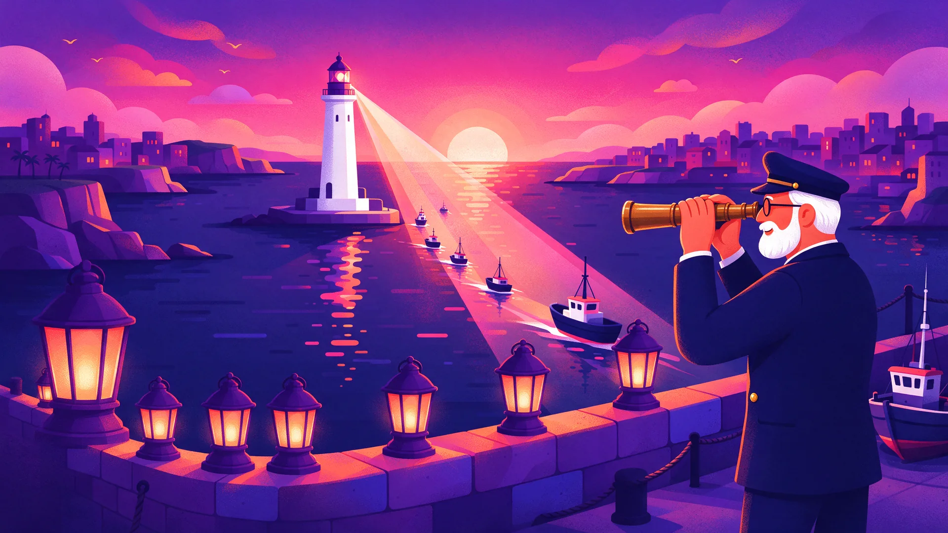 Ilustración de un faro que proyecta un haz de luz sobre el mar y guía a las pequeñas embarcaciones de forma segura hasta el puerto