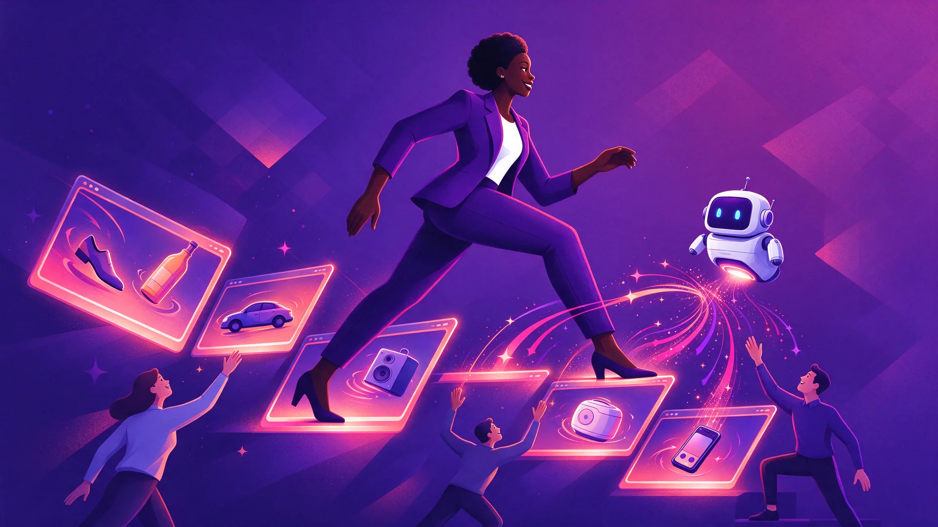 Ilustración de un cliente potencial subiendo una escalera formada por imágenes de vídeo brillantes, con un pequeño robot a su lado